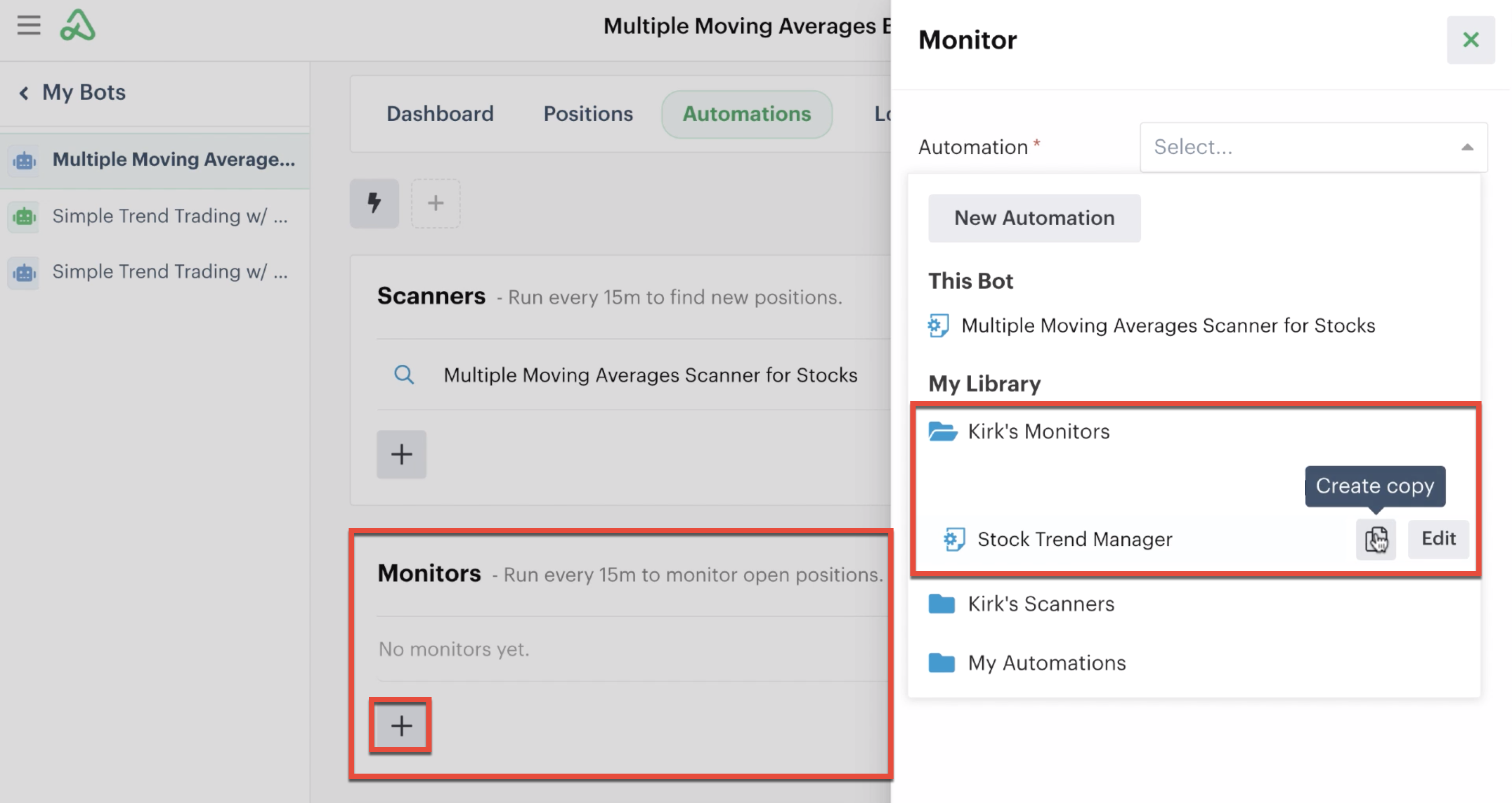 Creating a monitor automation copy