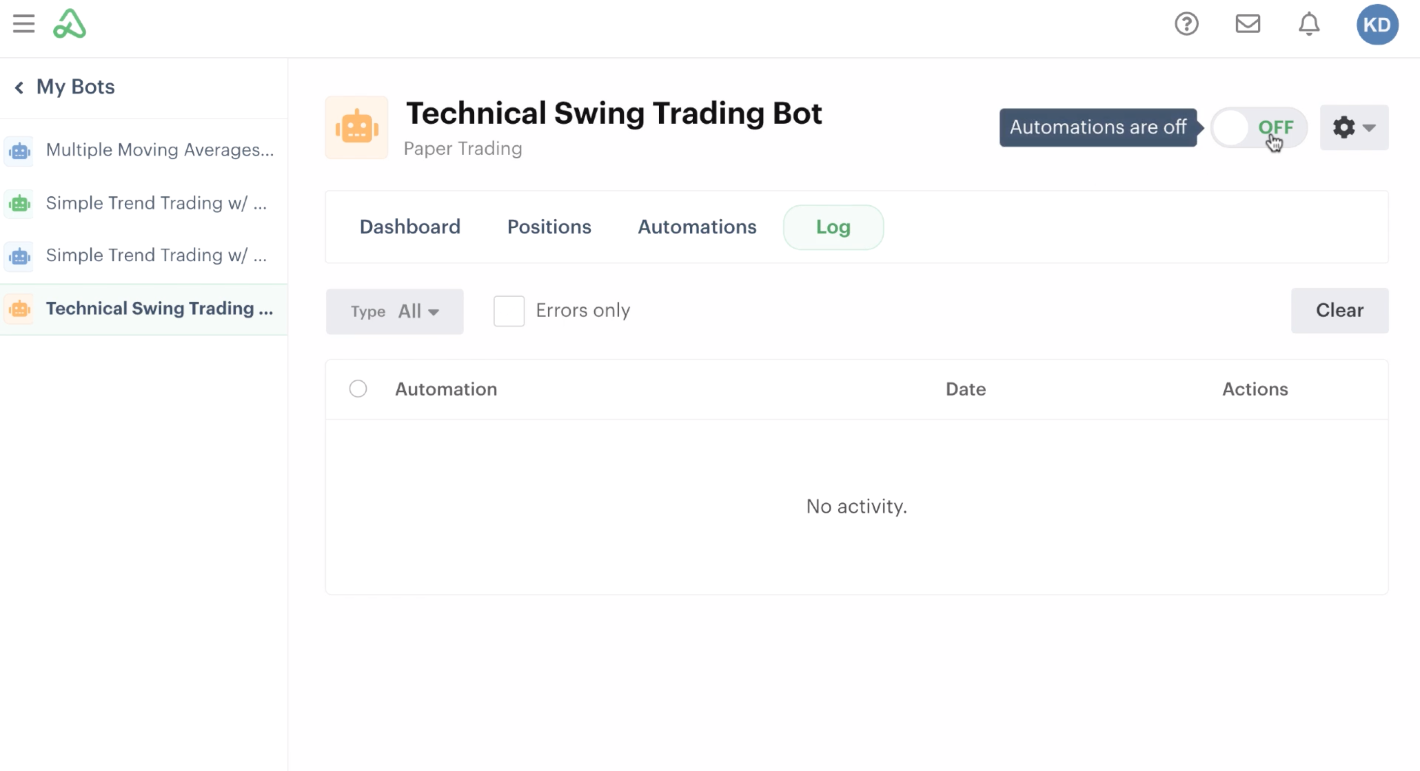 Bot dashboard with automations turned off