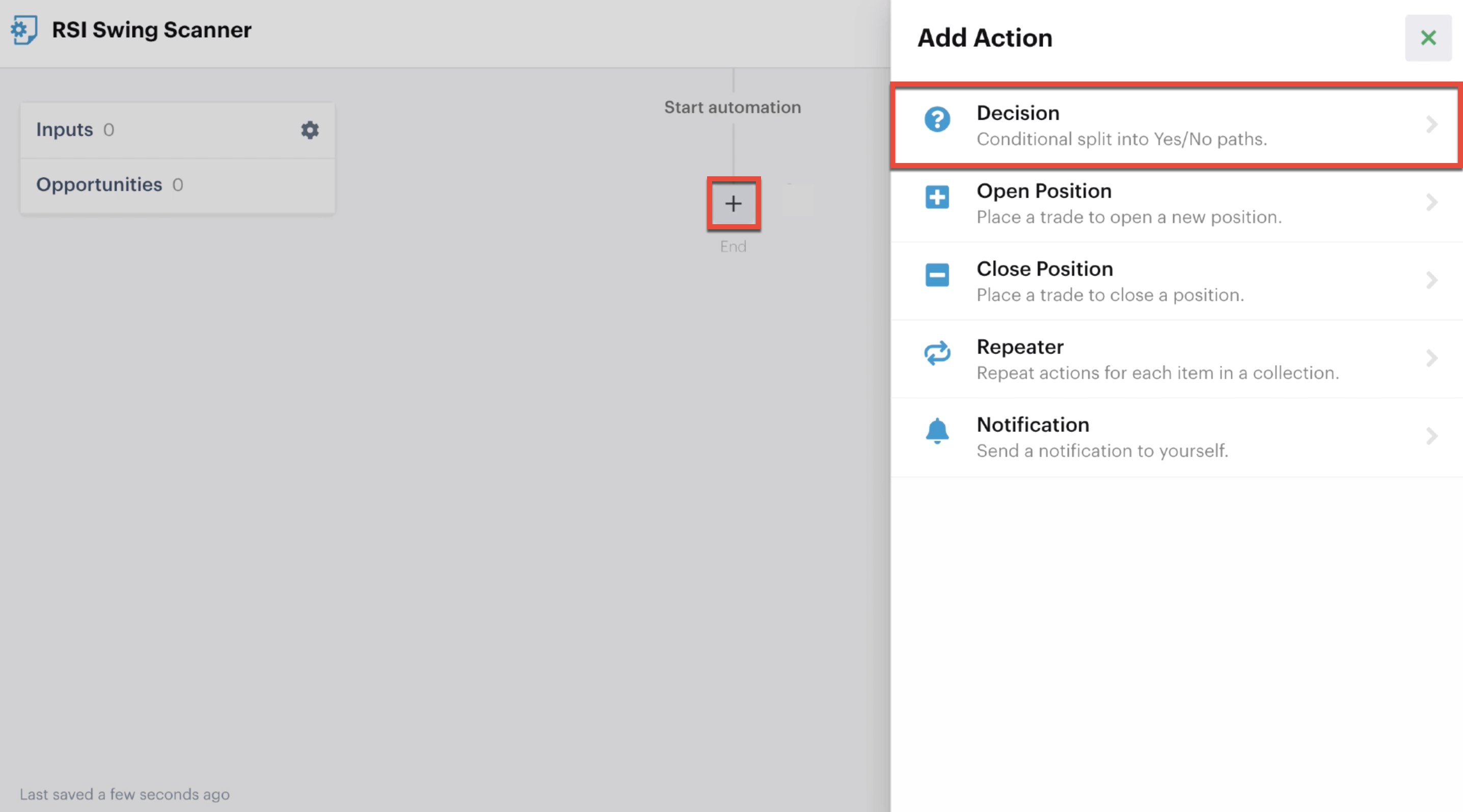 Add a decision action to the automation editor