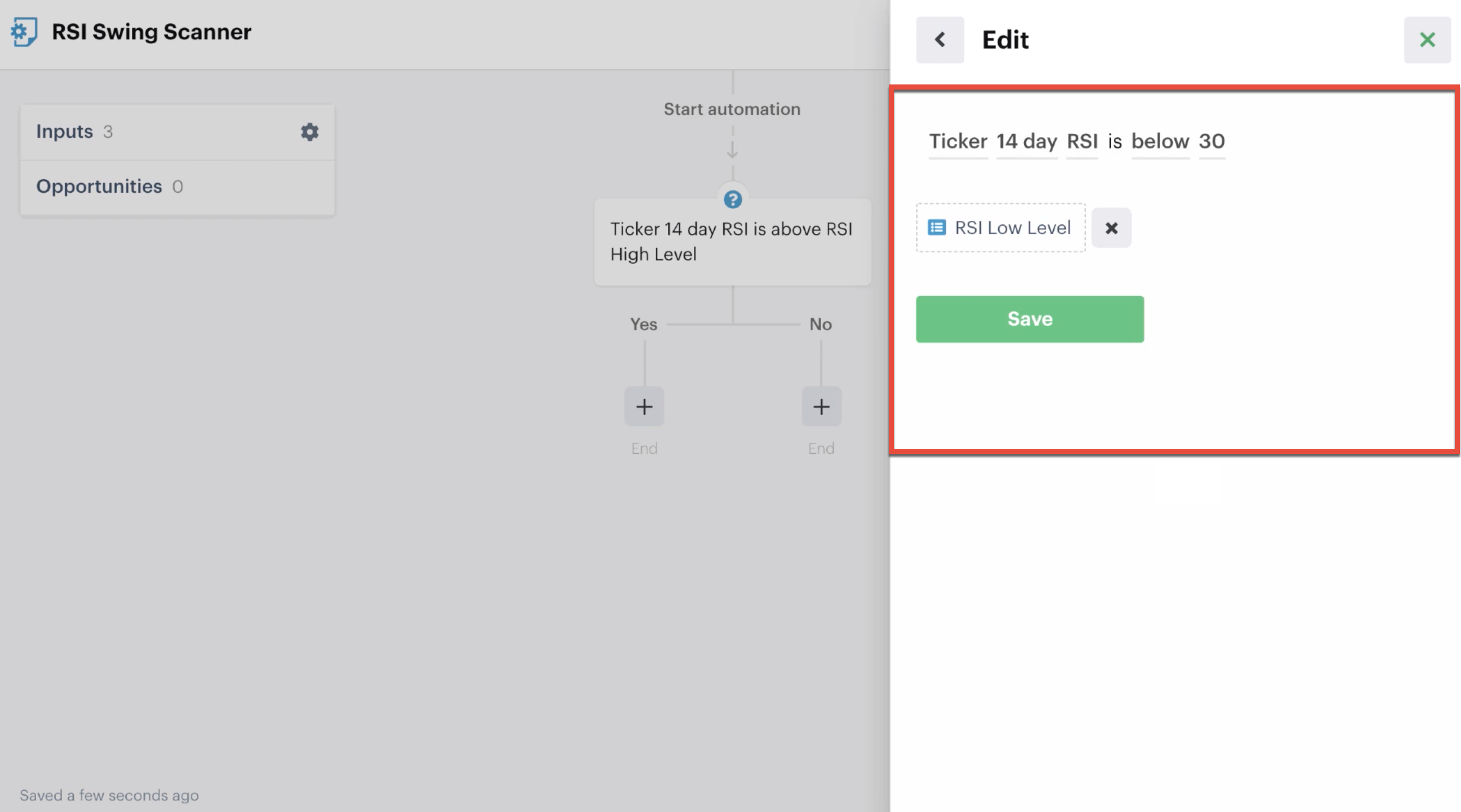 Decision recipe evaluating if ticker RSI is below 30, with custom input