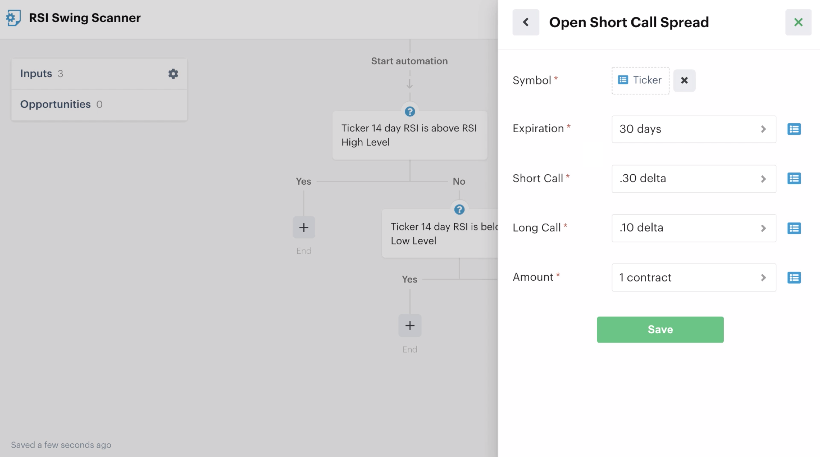 Short call spread position details settings
