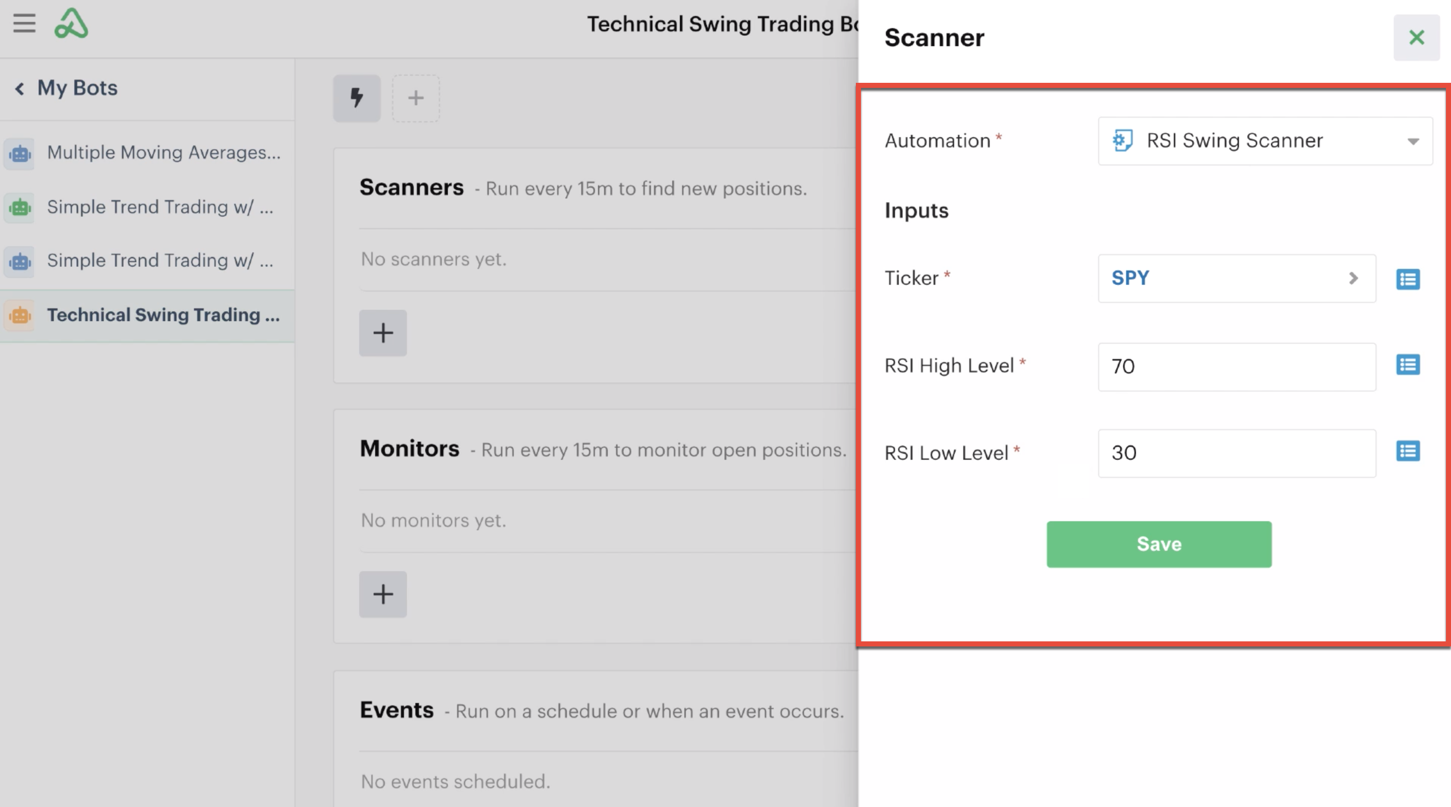 Bot scanner details with custom inputs listed