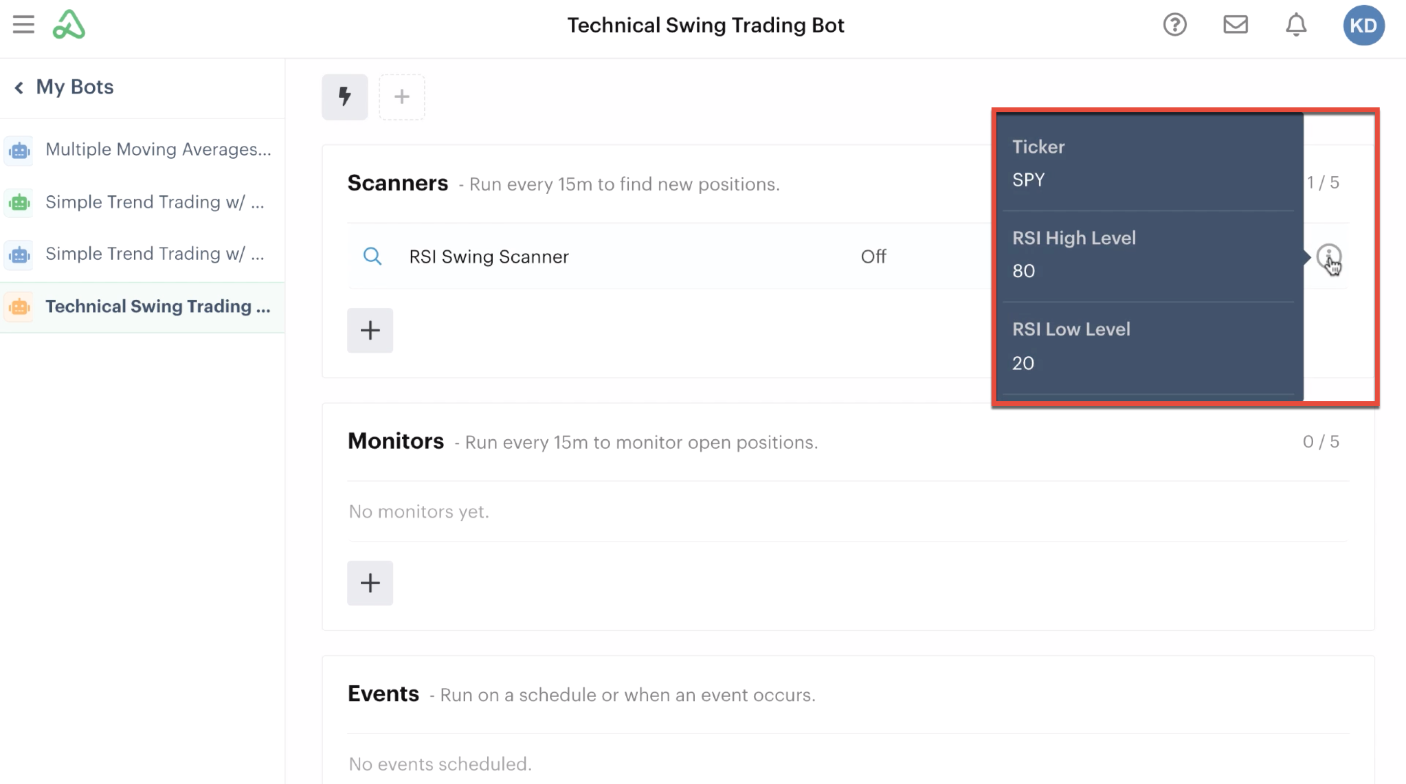Information icon displaying custom inputs inside the automation