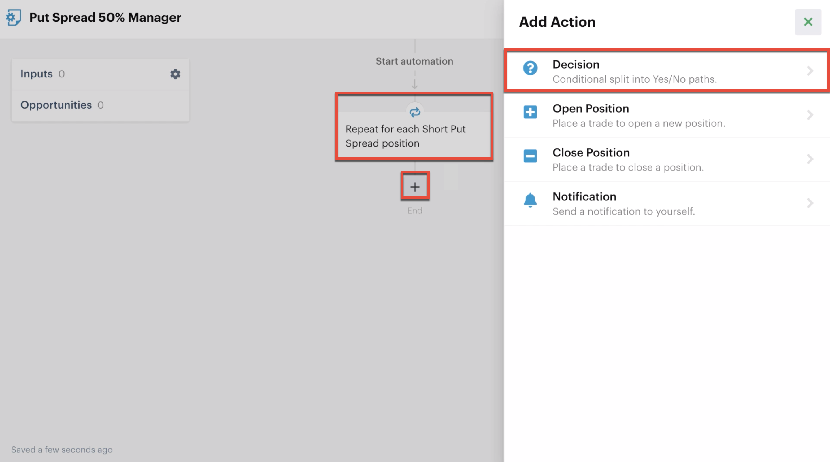 Adding a decision action below a repeater