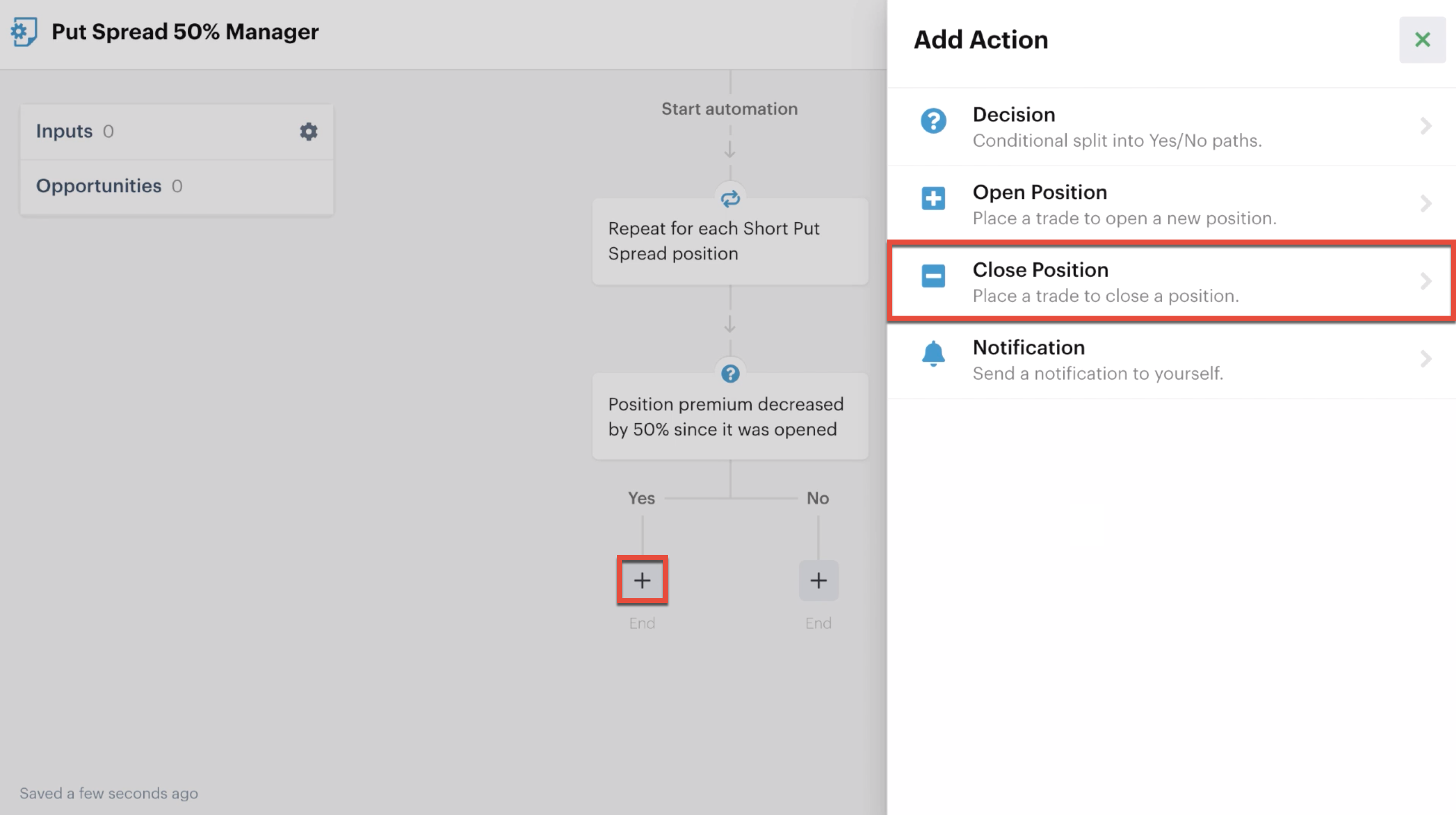 Adding a close position action