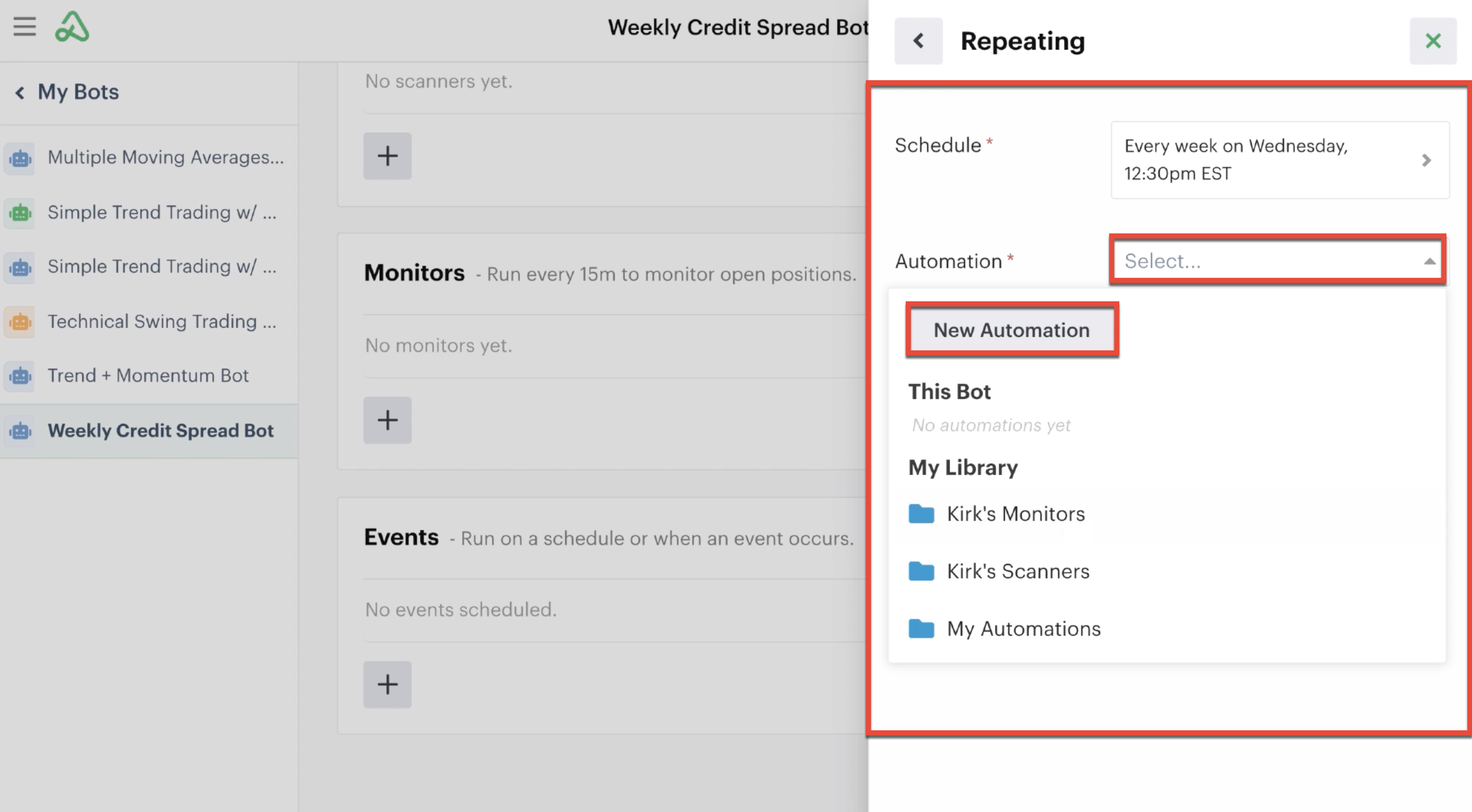 Adding an automation to an event