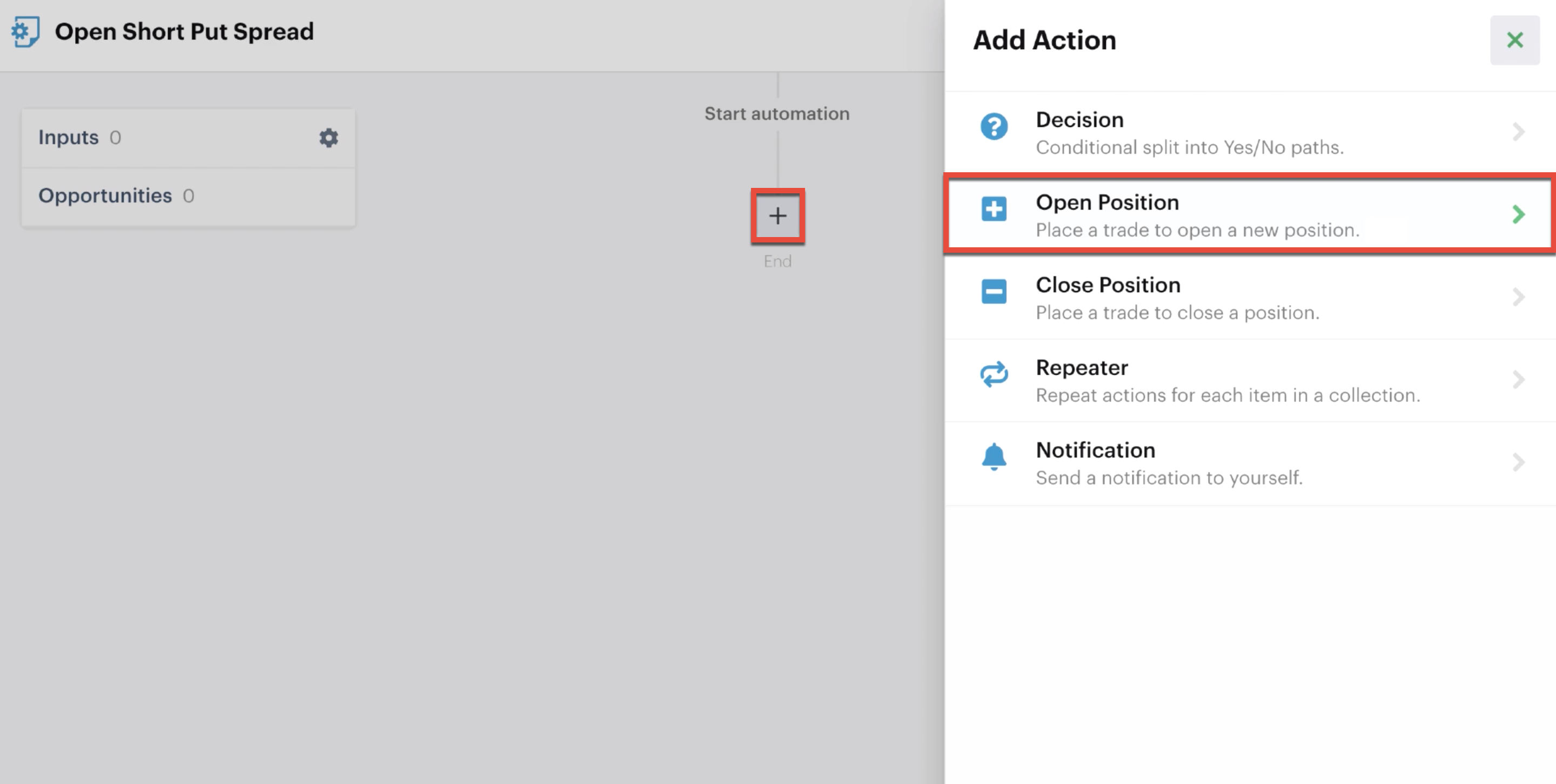 Adding an open position action