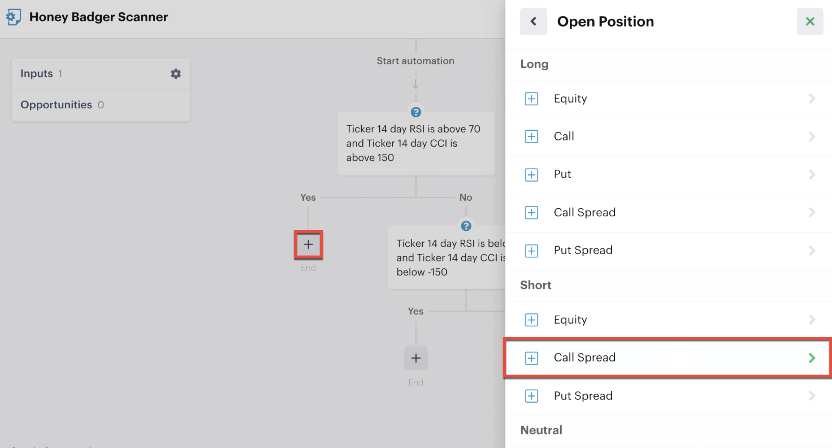 Add open position action for call spread