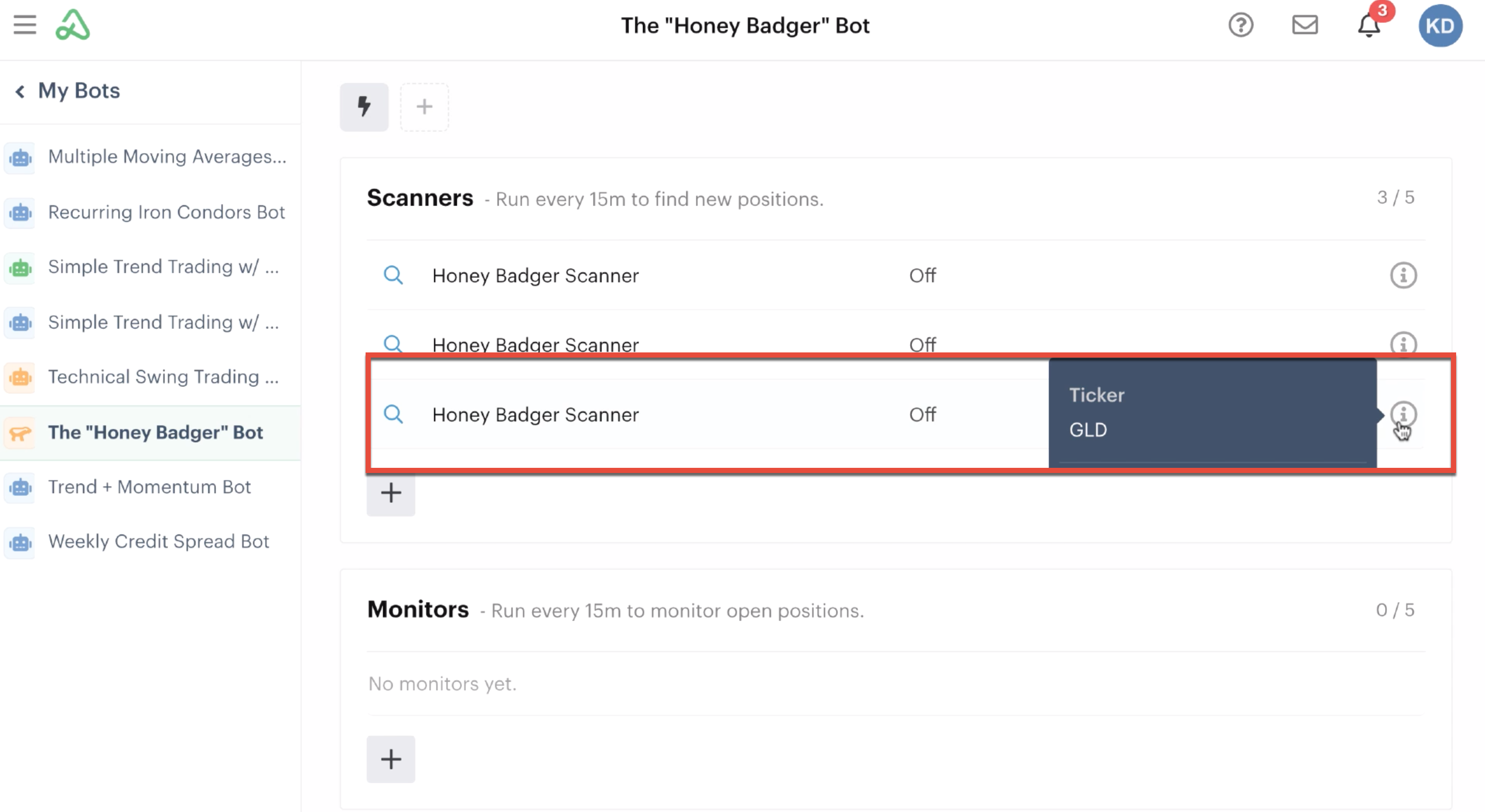 Scanners in automations tab with ticker symbol "i" icon