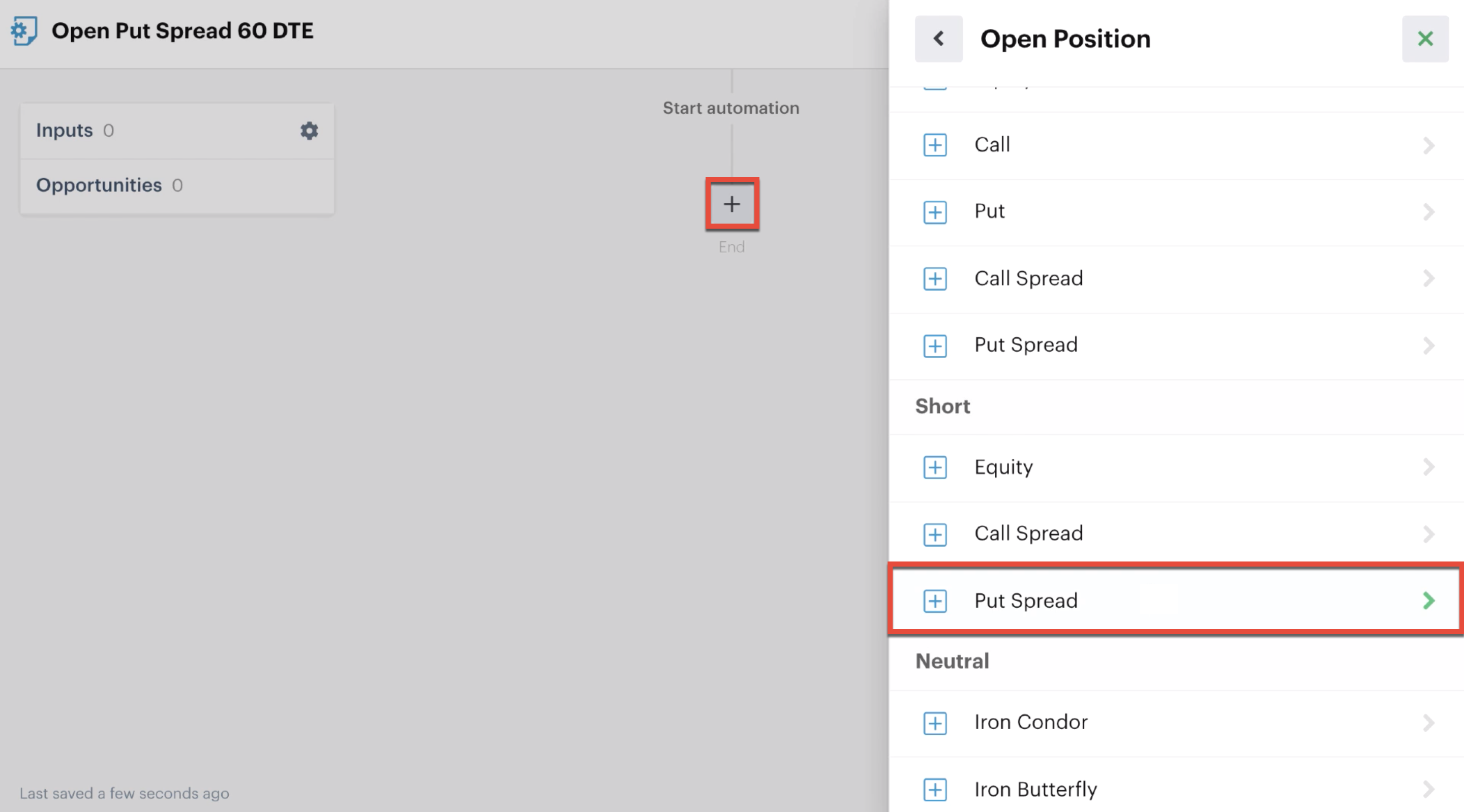Open position action with short put spread