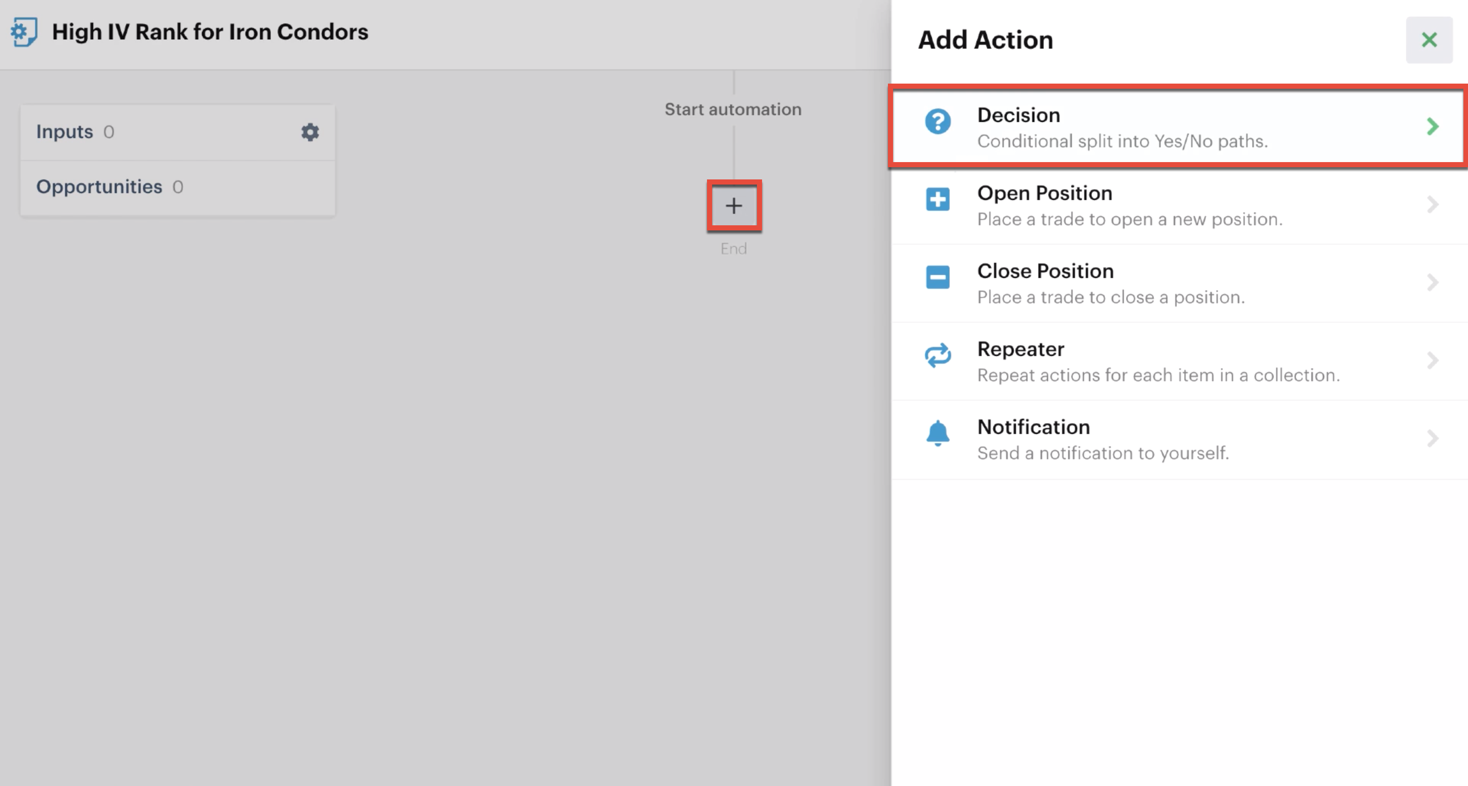 Adding a decision action