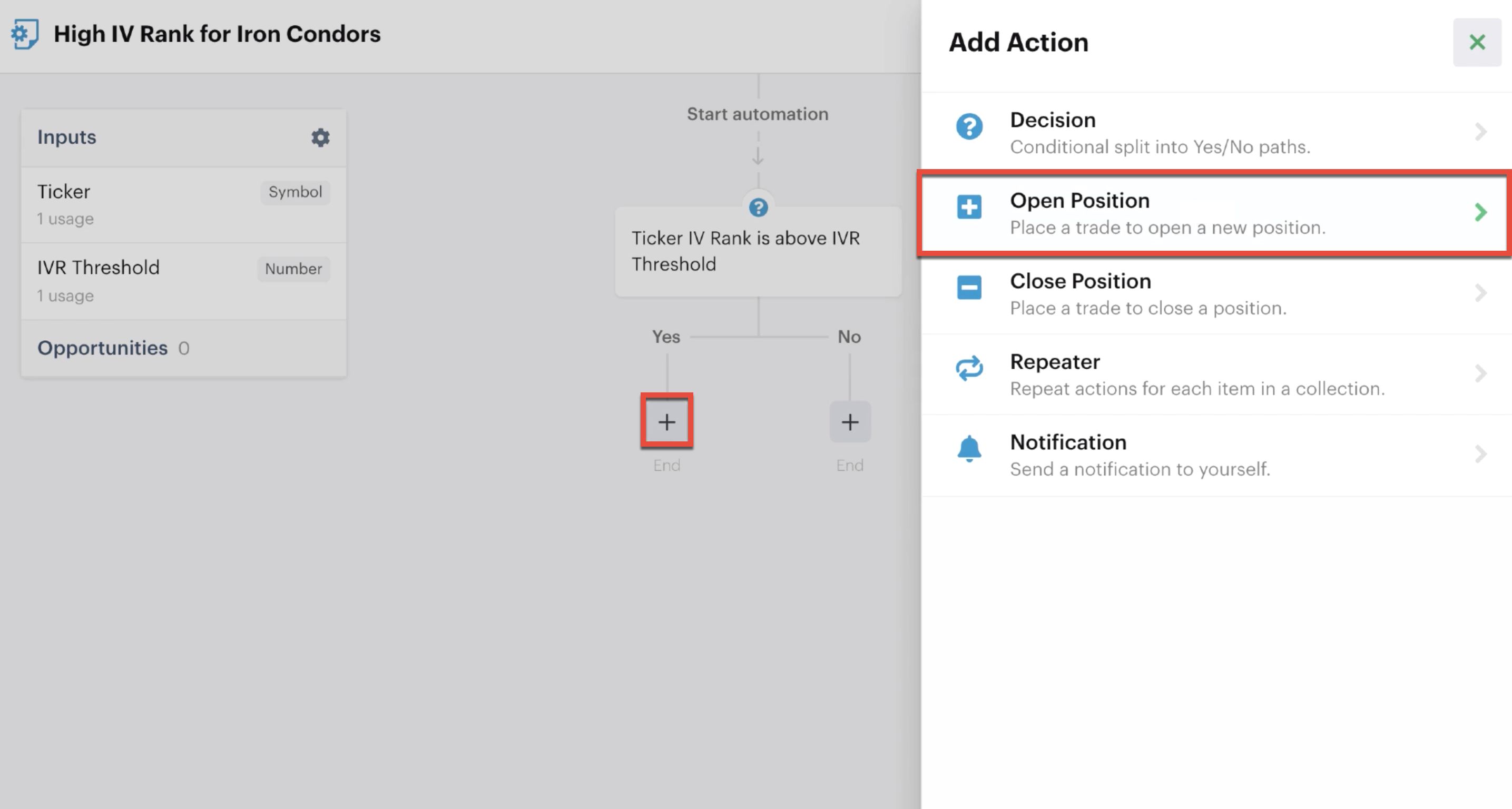 Adding an open position action