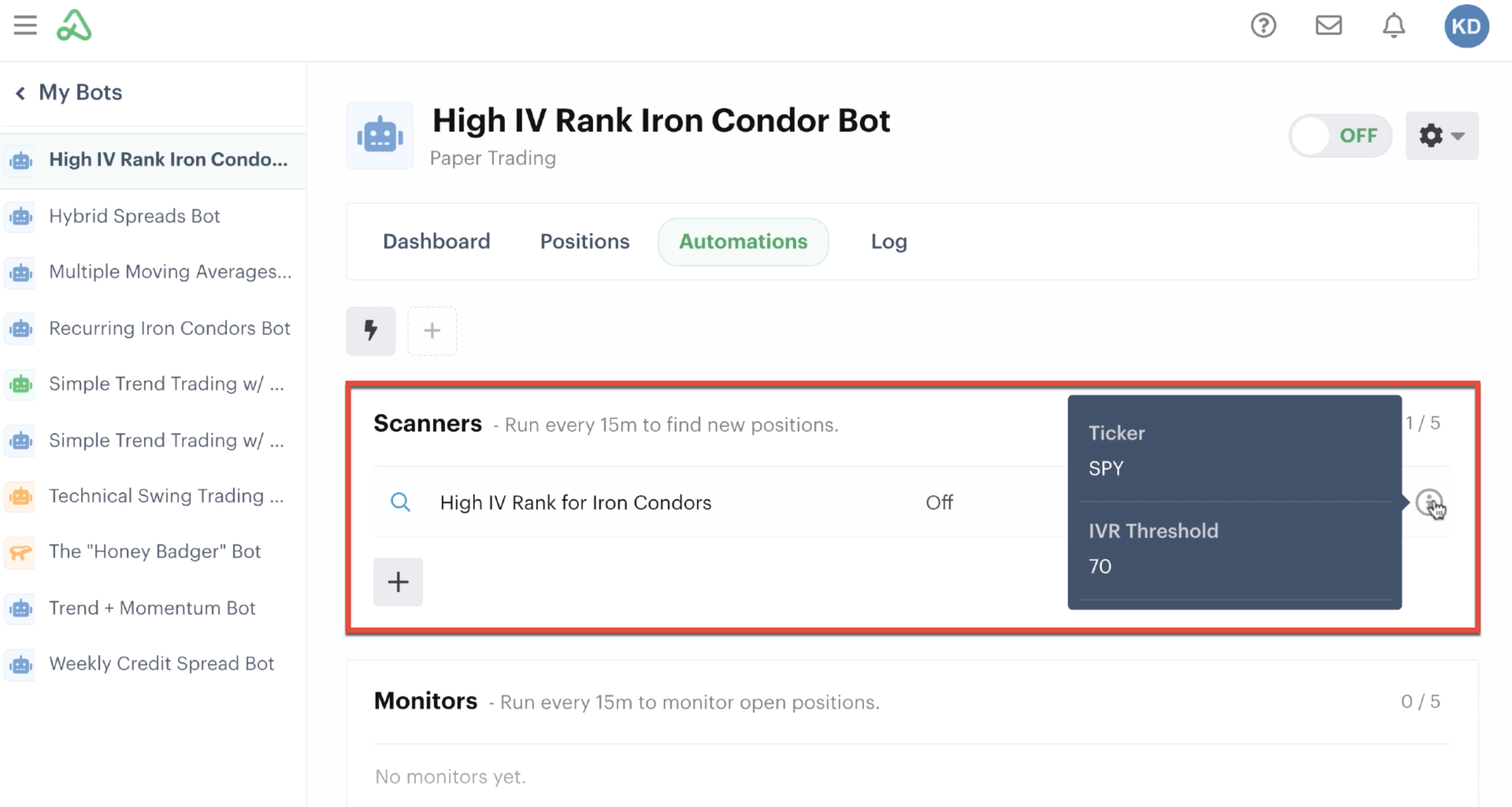 Scanner automations with custom inputs displayed "i" icon