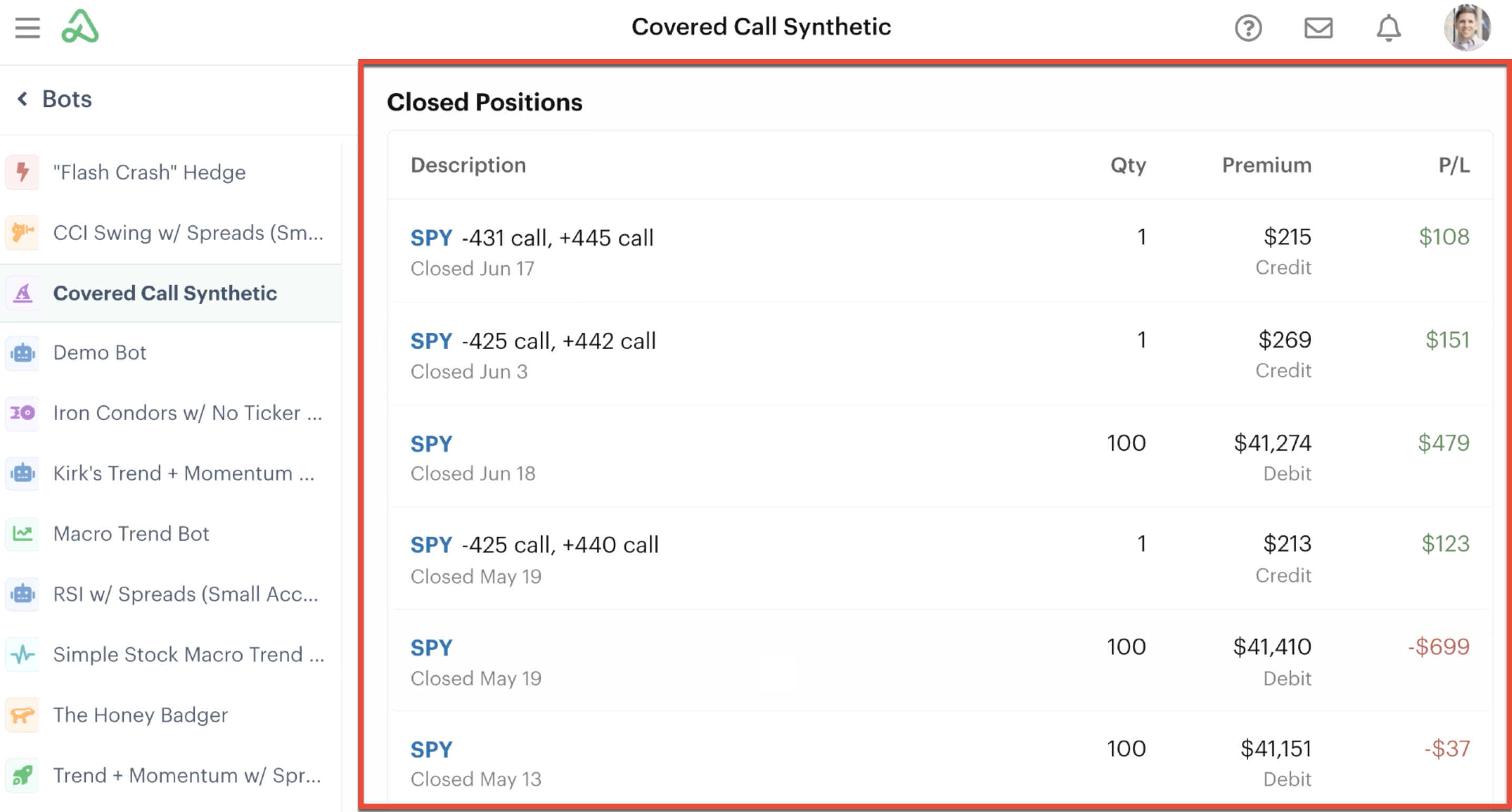 Closed positions in position statement activity summary