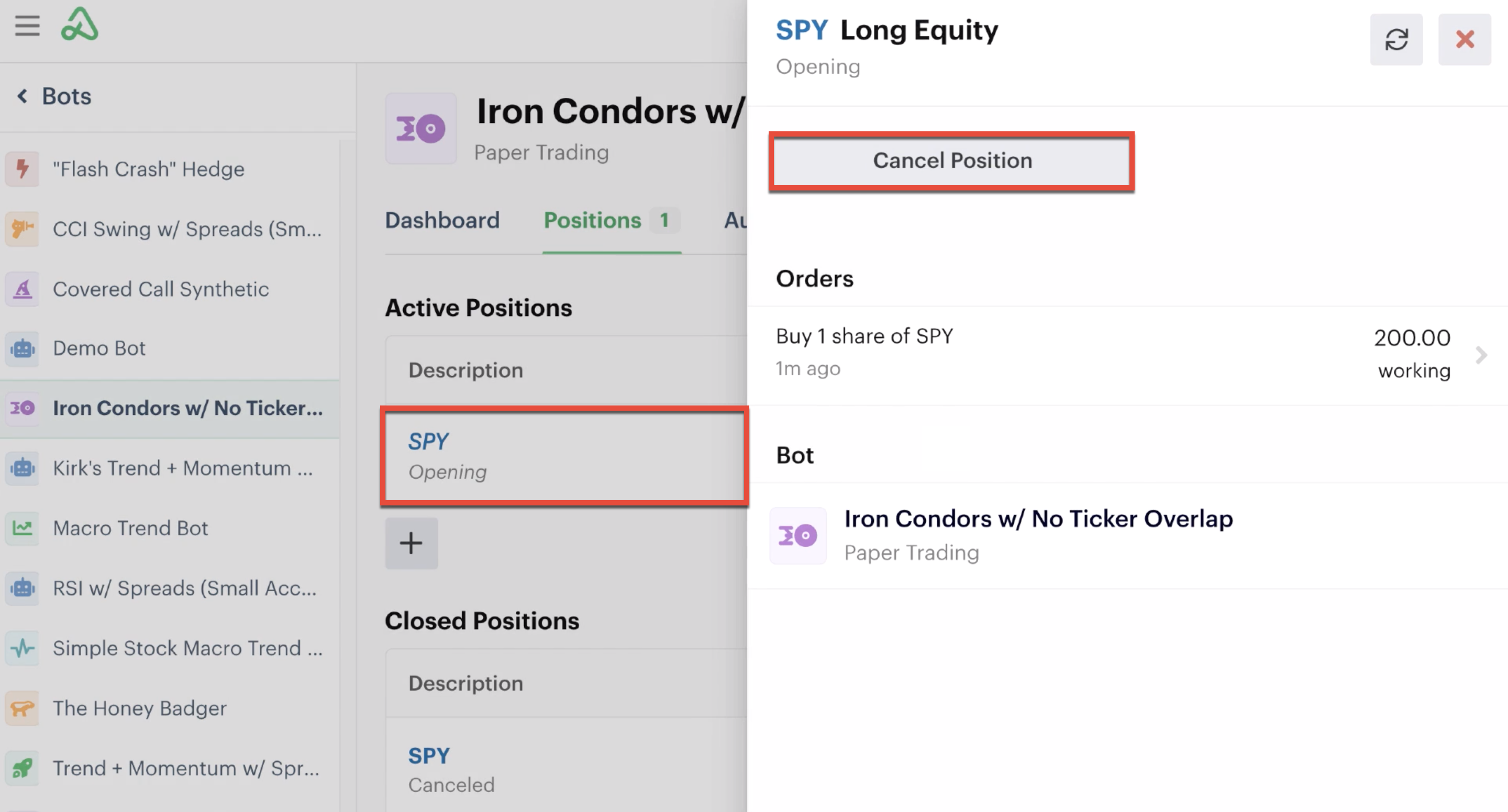Cancel position button