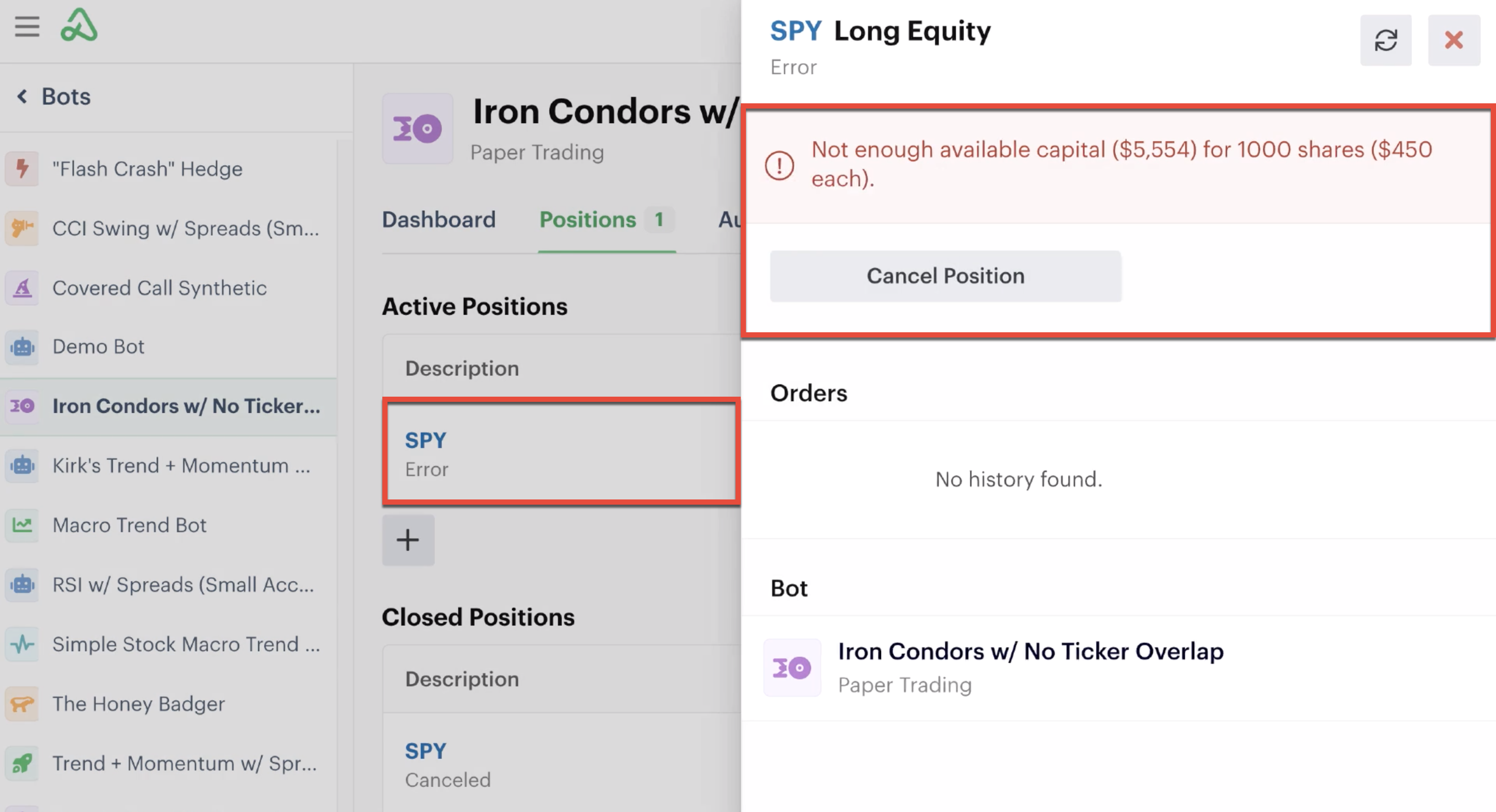 Cancel position error message