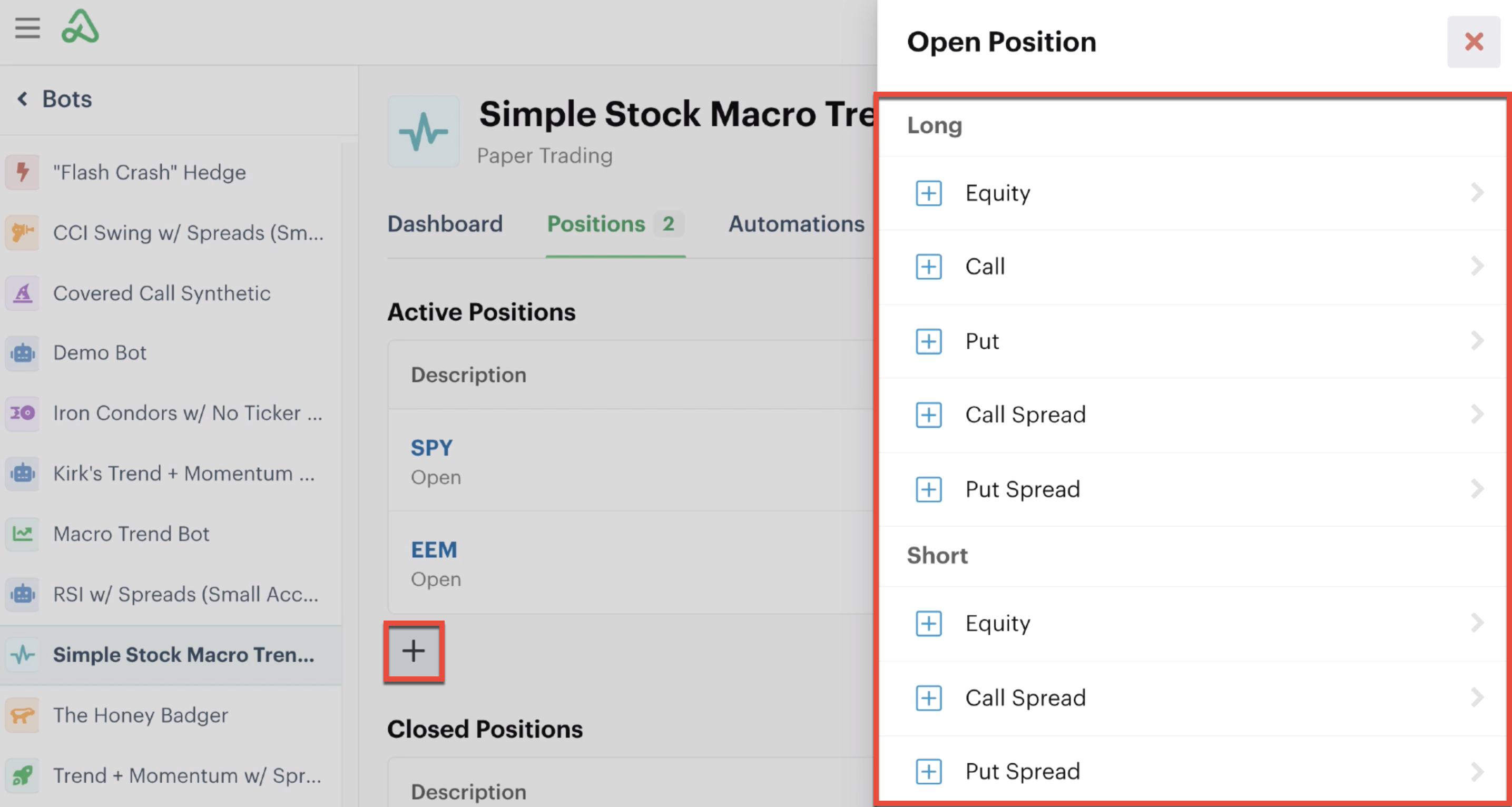 Open position button in position statement