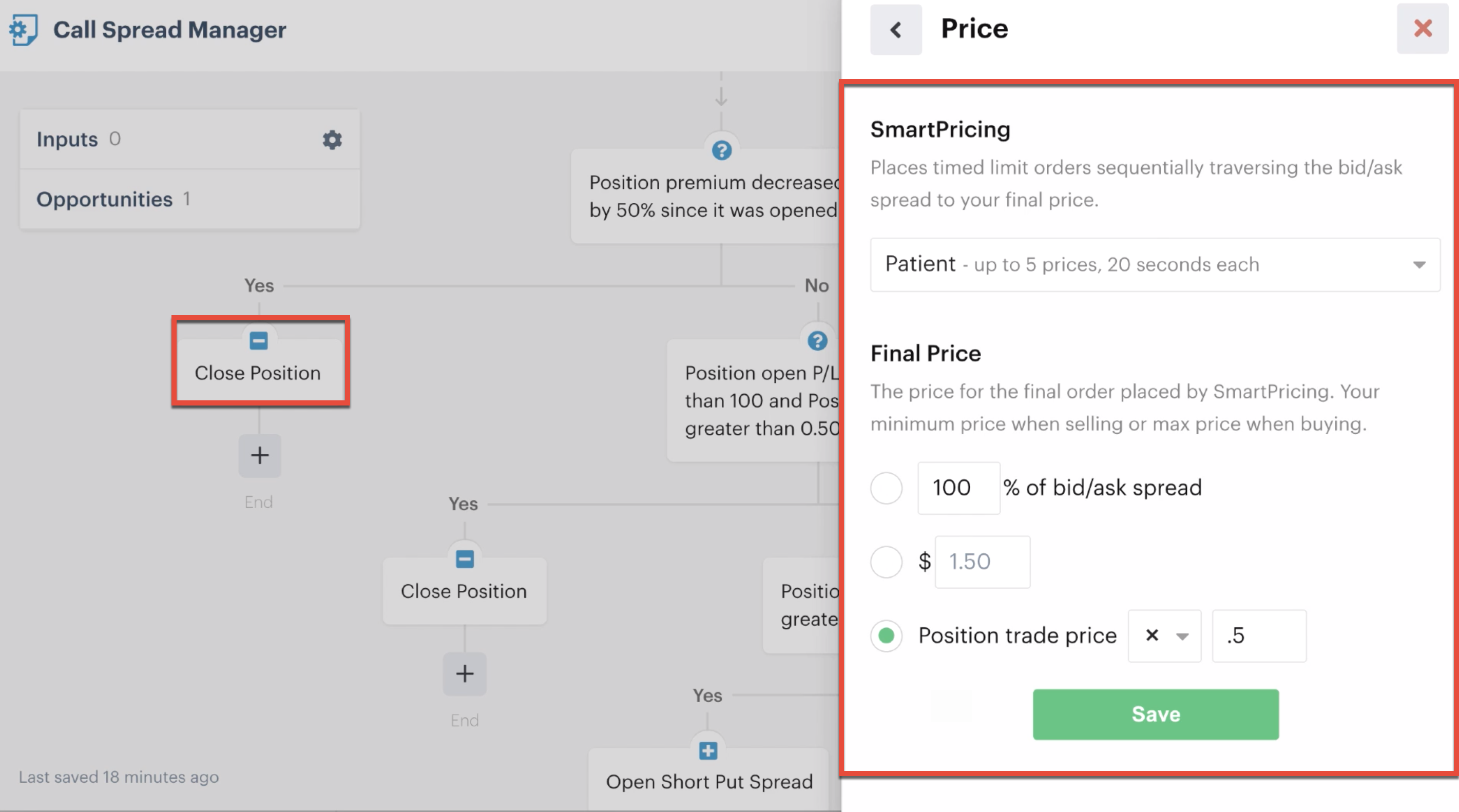 Close position SmartPricing patient setting