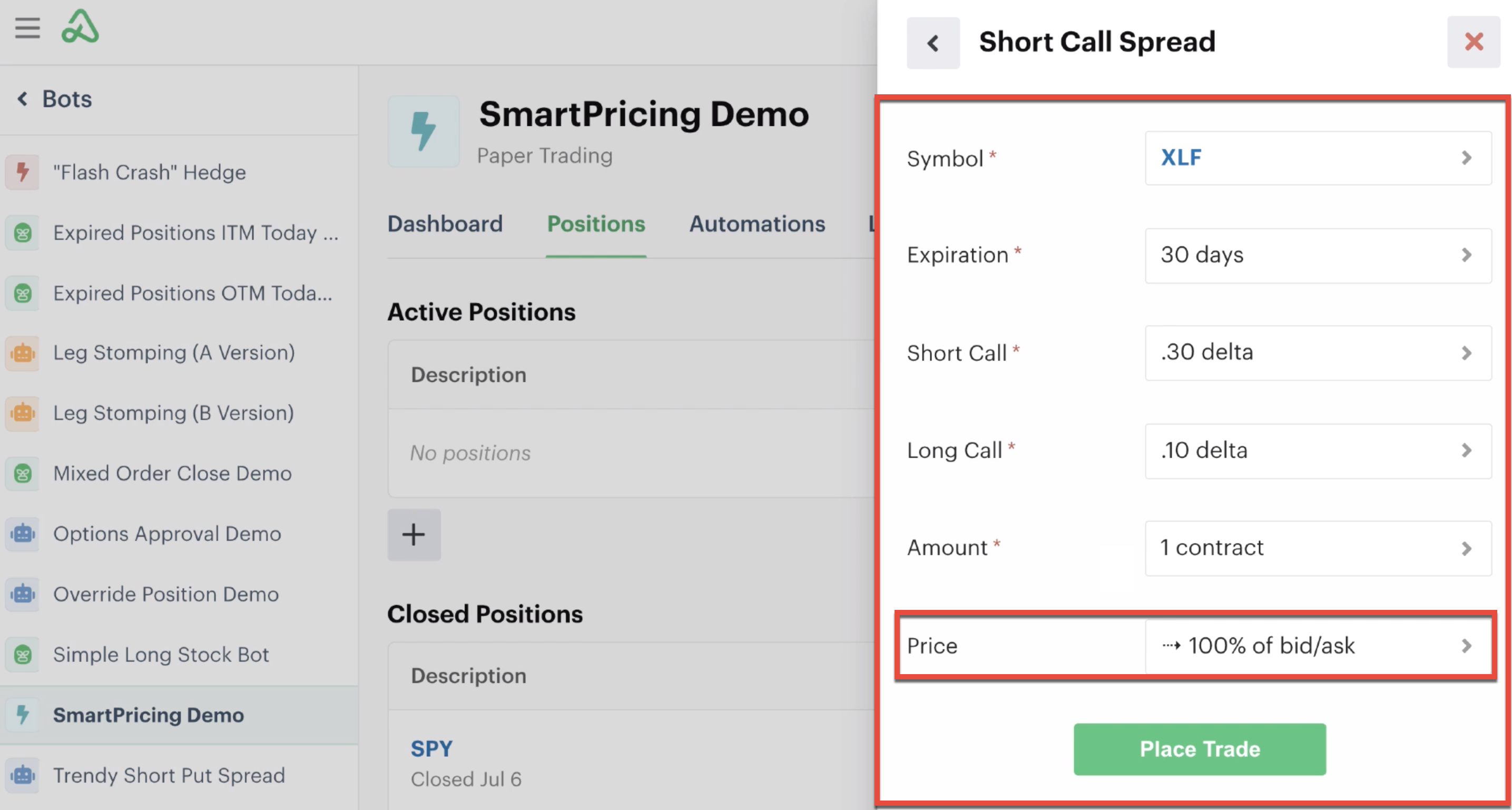 SmartPricing short call spread