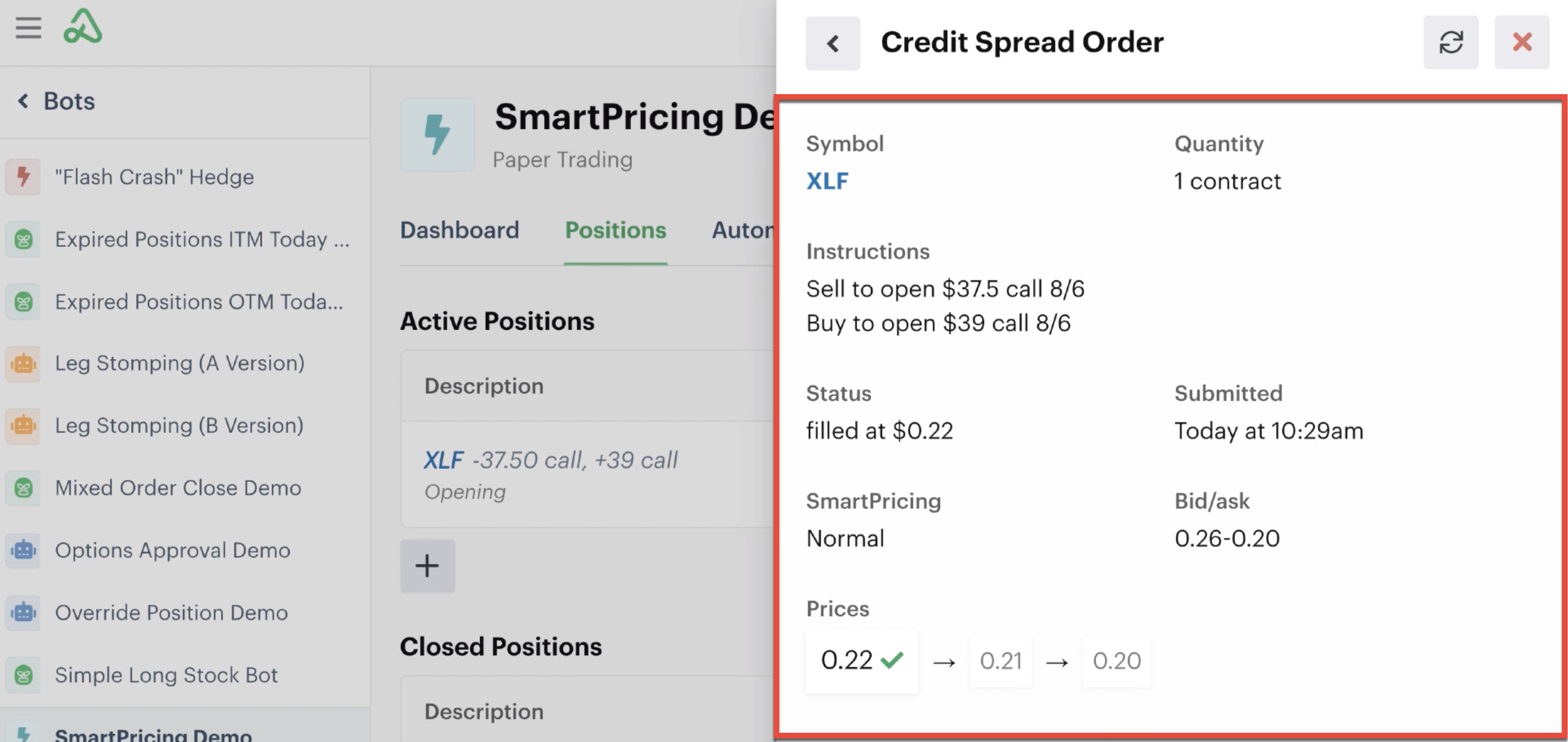 Filled order details with SmartPricing