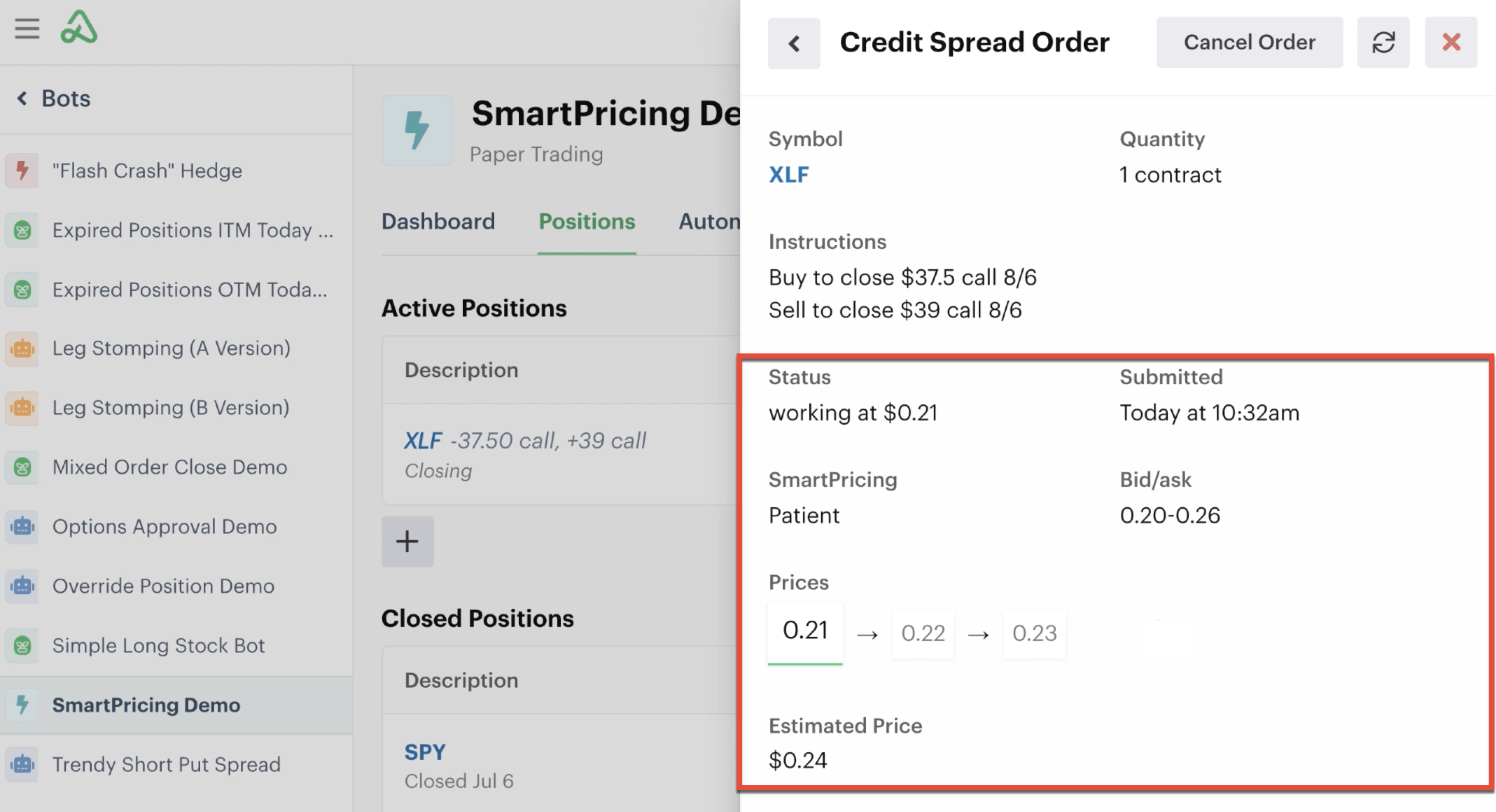 Unfilled order SmartPricing details