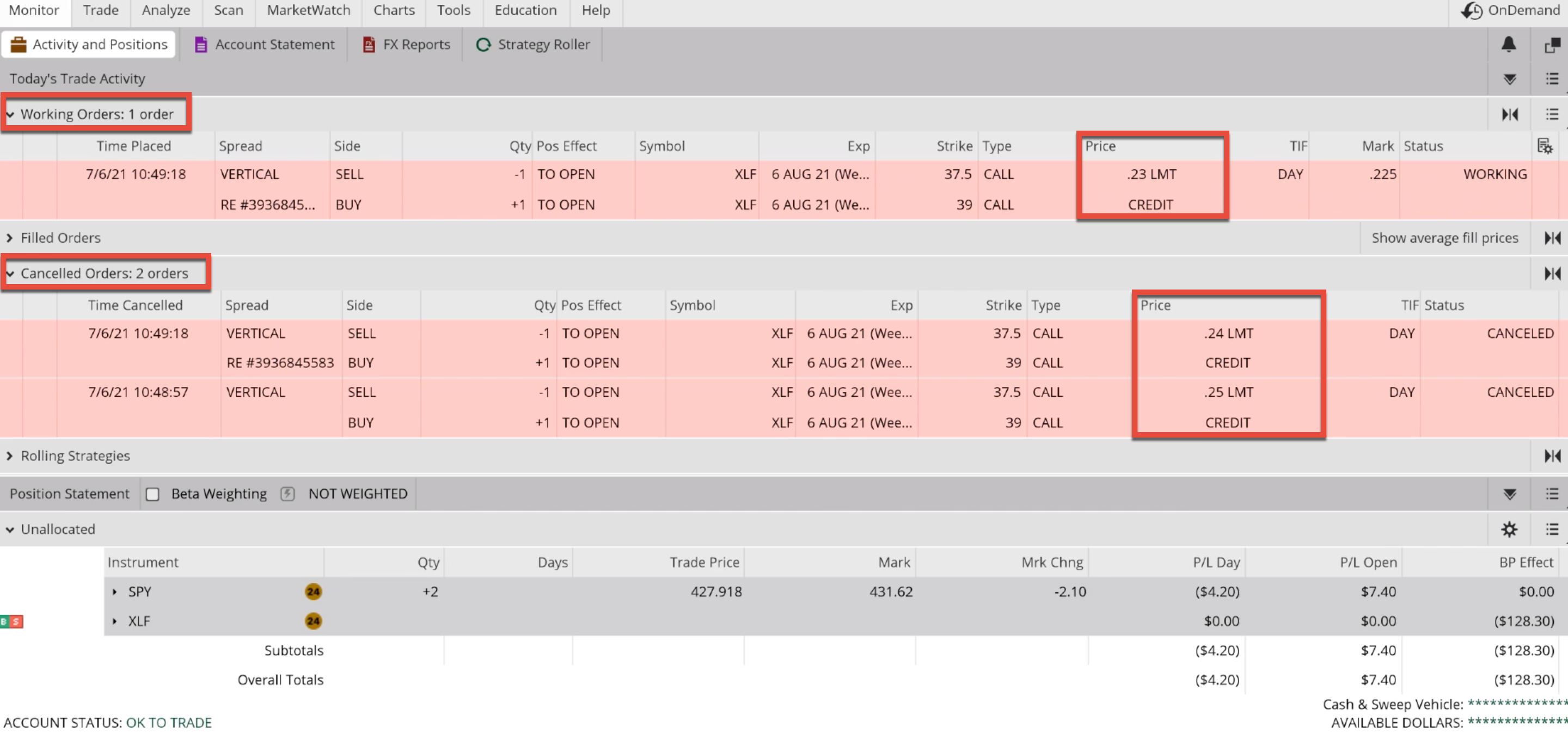Canceled and working orders in live account