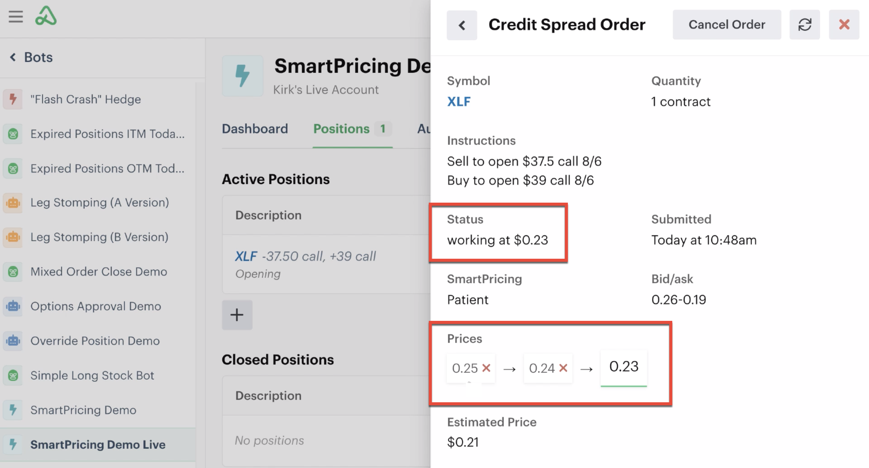 Working orders in autotrading platform