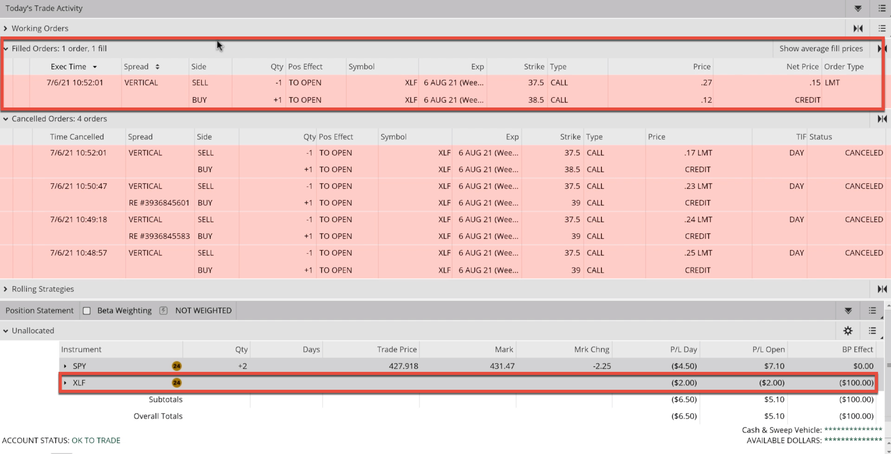 Filled orders in live brokerage account