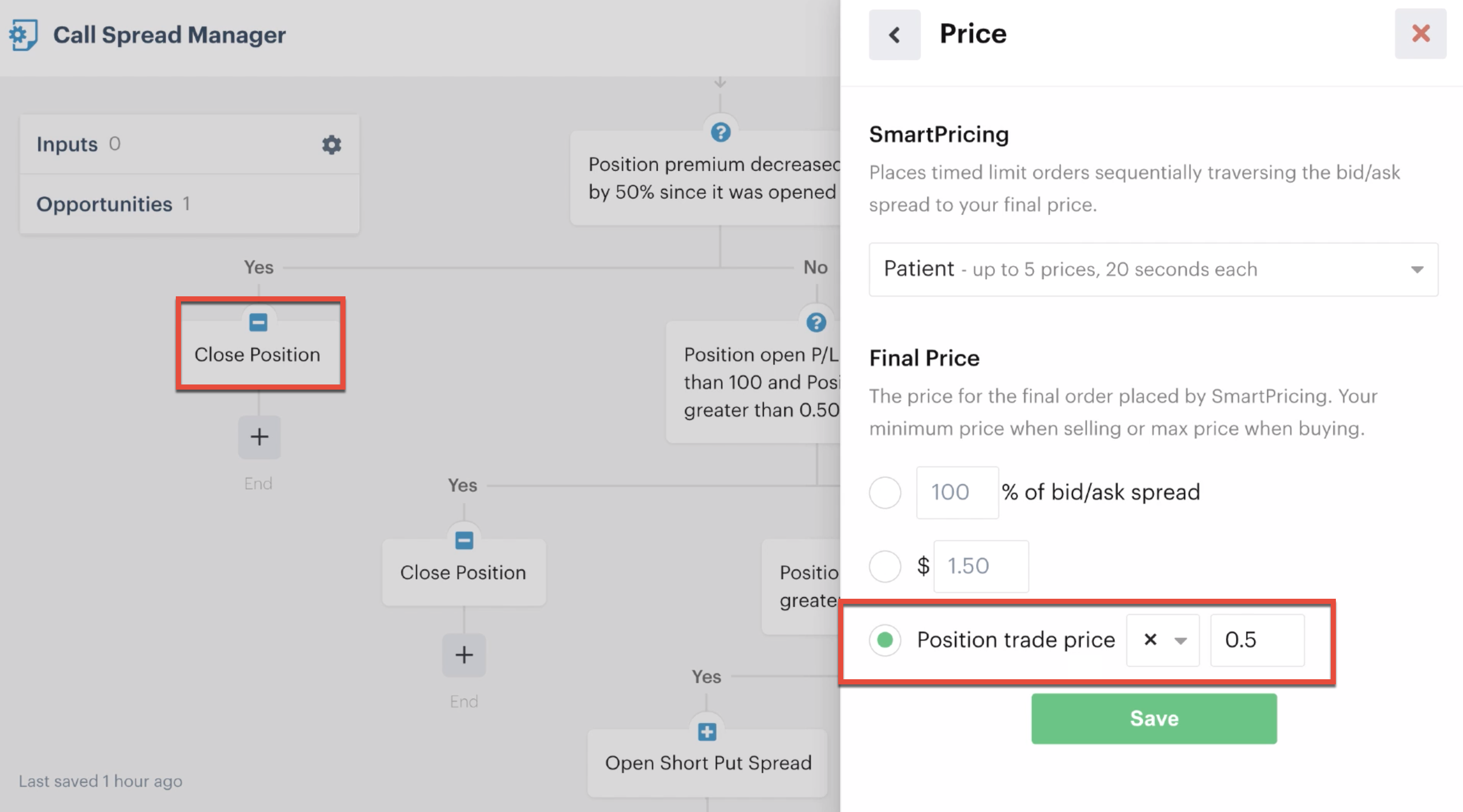 Close position action with x .05 position trade price