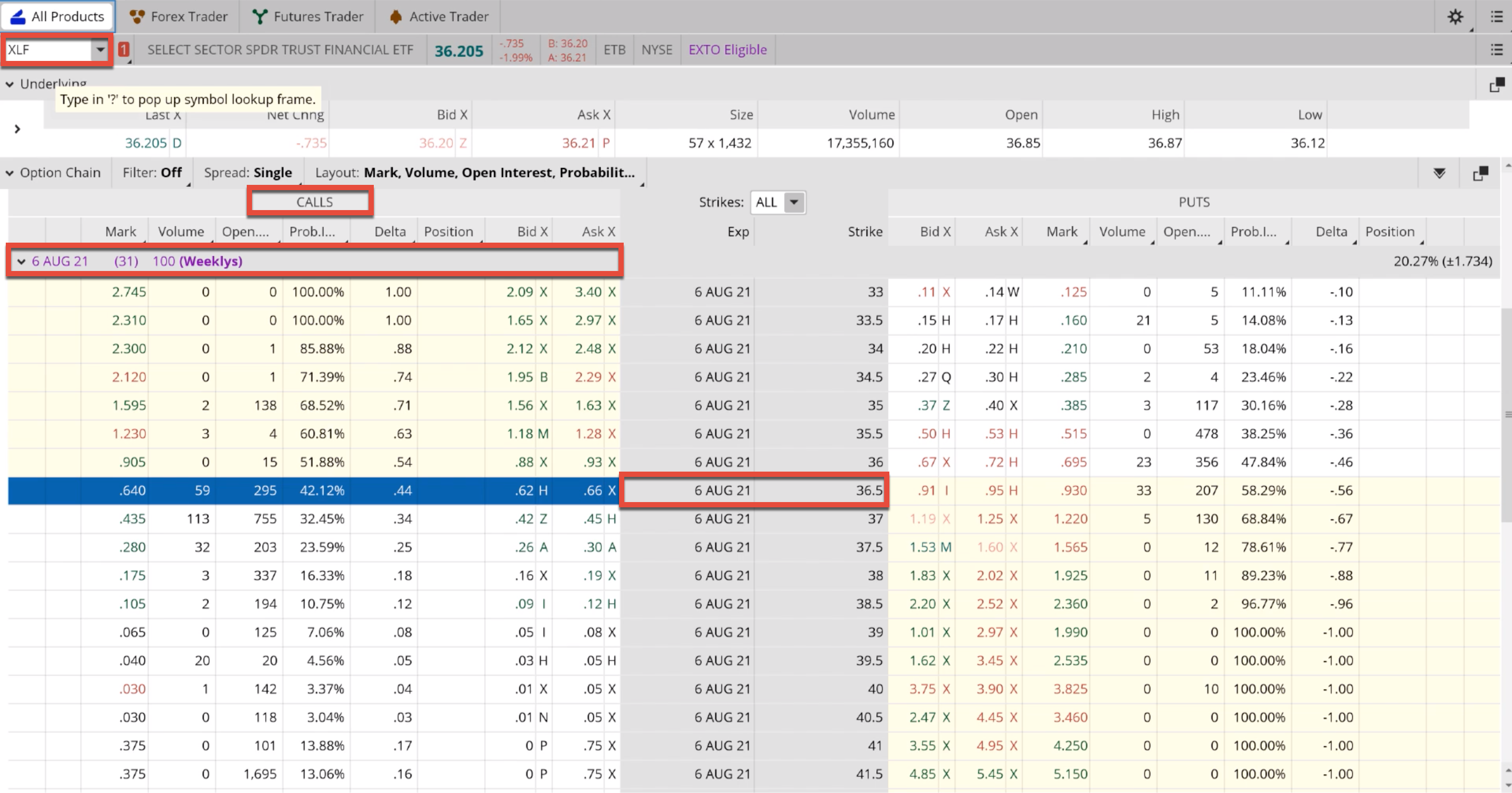 Live brokerage account option chain