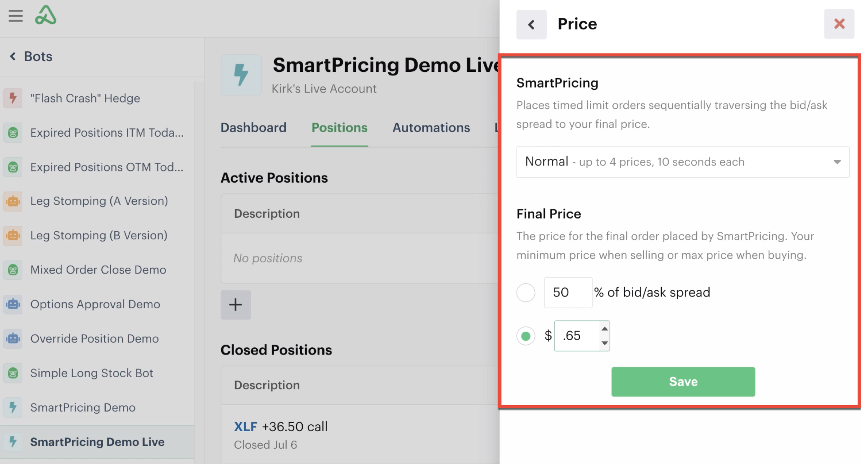 Final price with normal setting