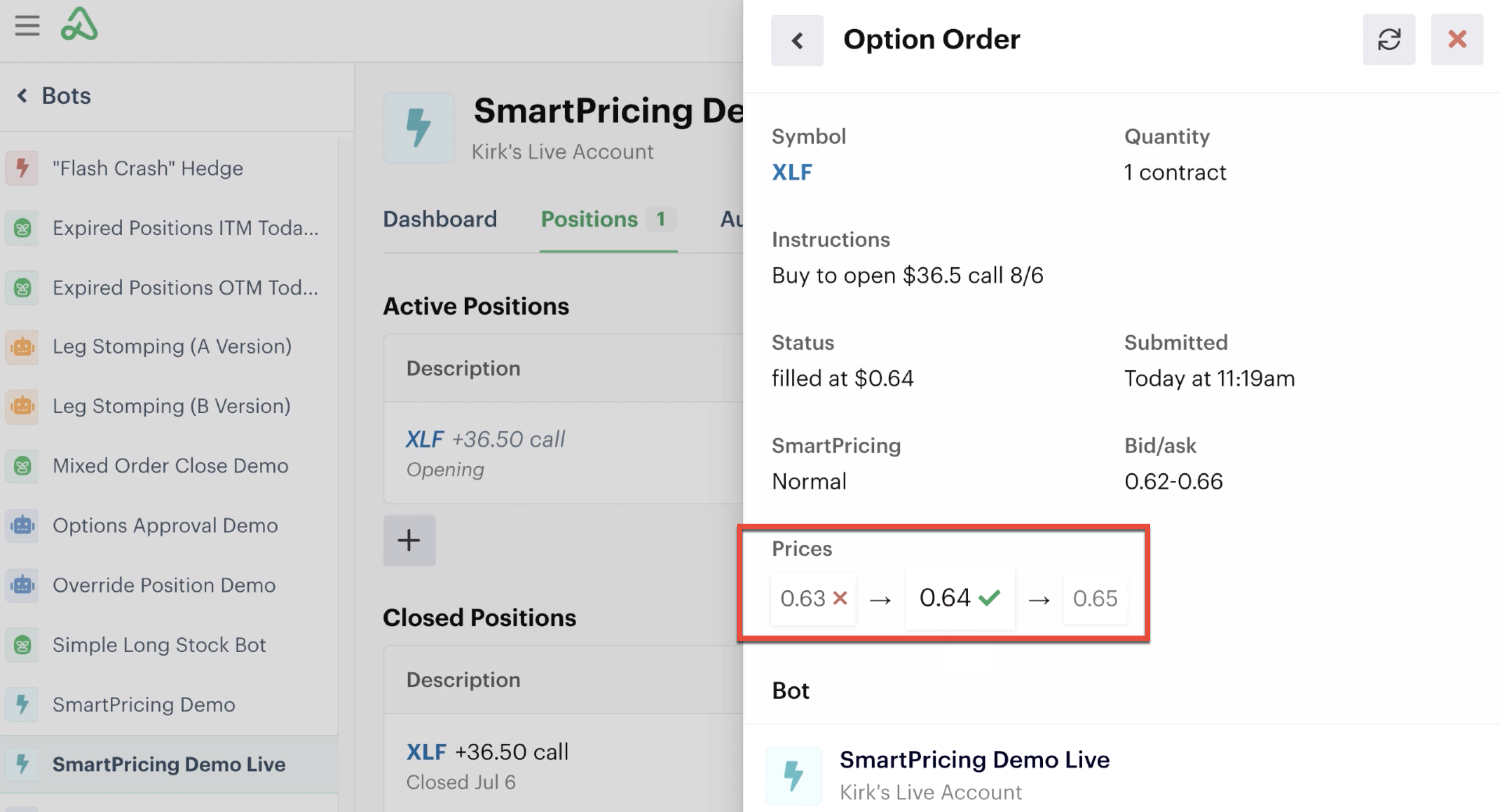 Filled order price