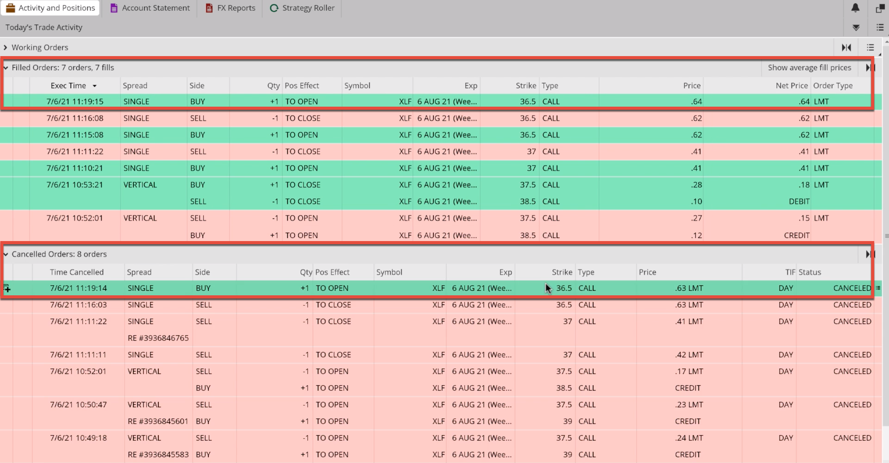 Filled and canceled order in live brokerage account