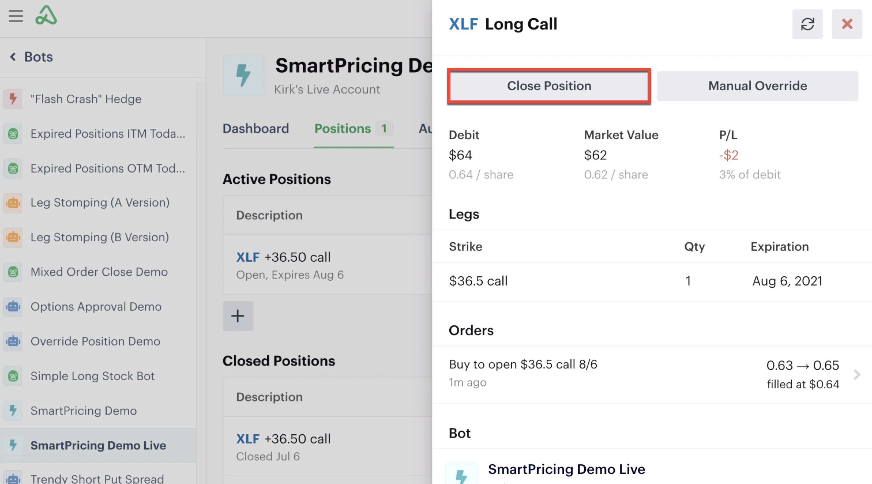 Manual close position button