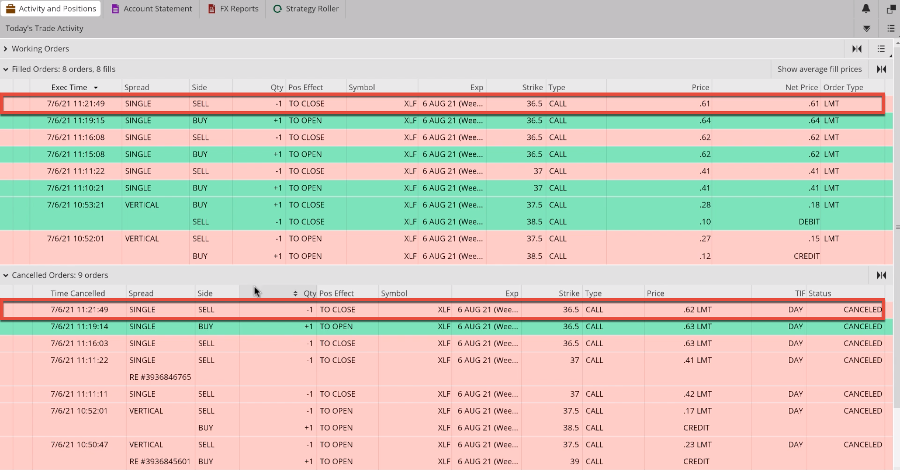 Filled and canceled order in live brokerage account