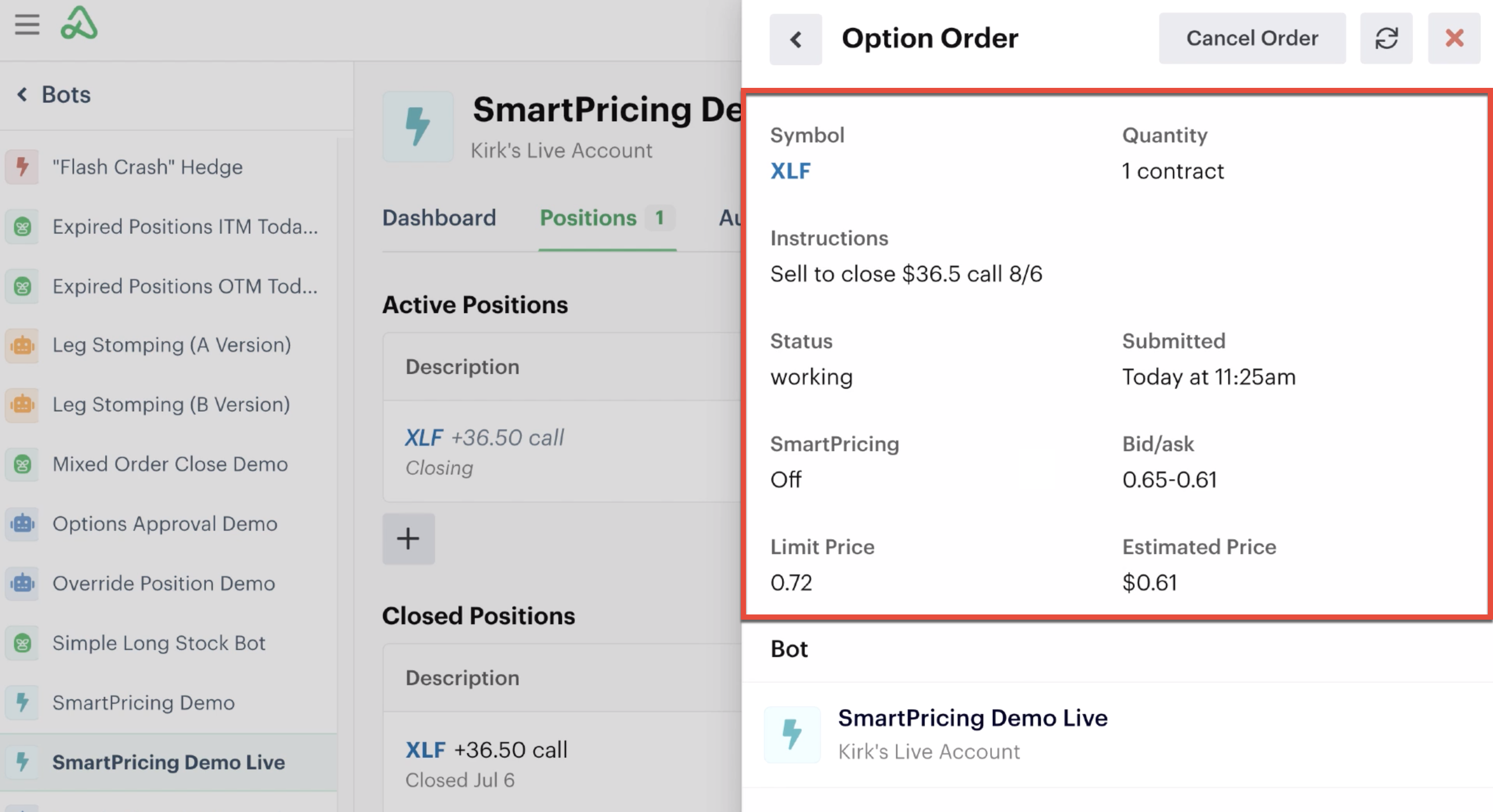 Working order details