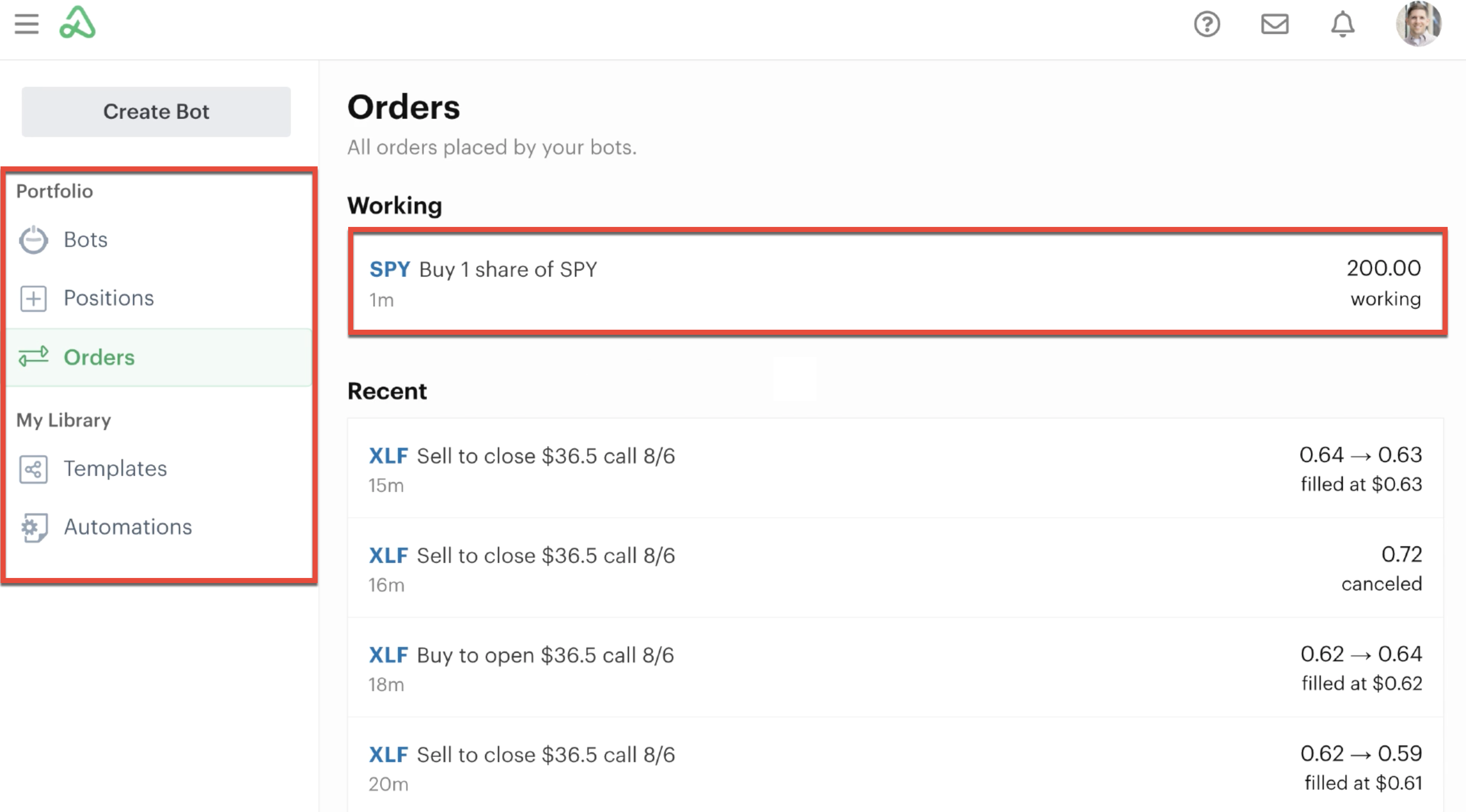 Orders tab in bot dashboard