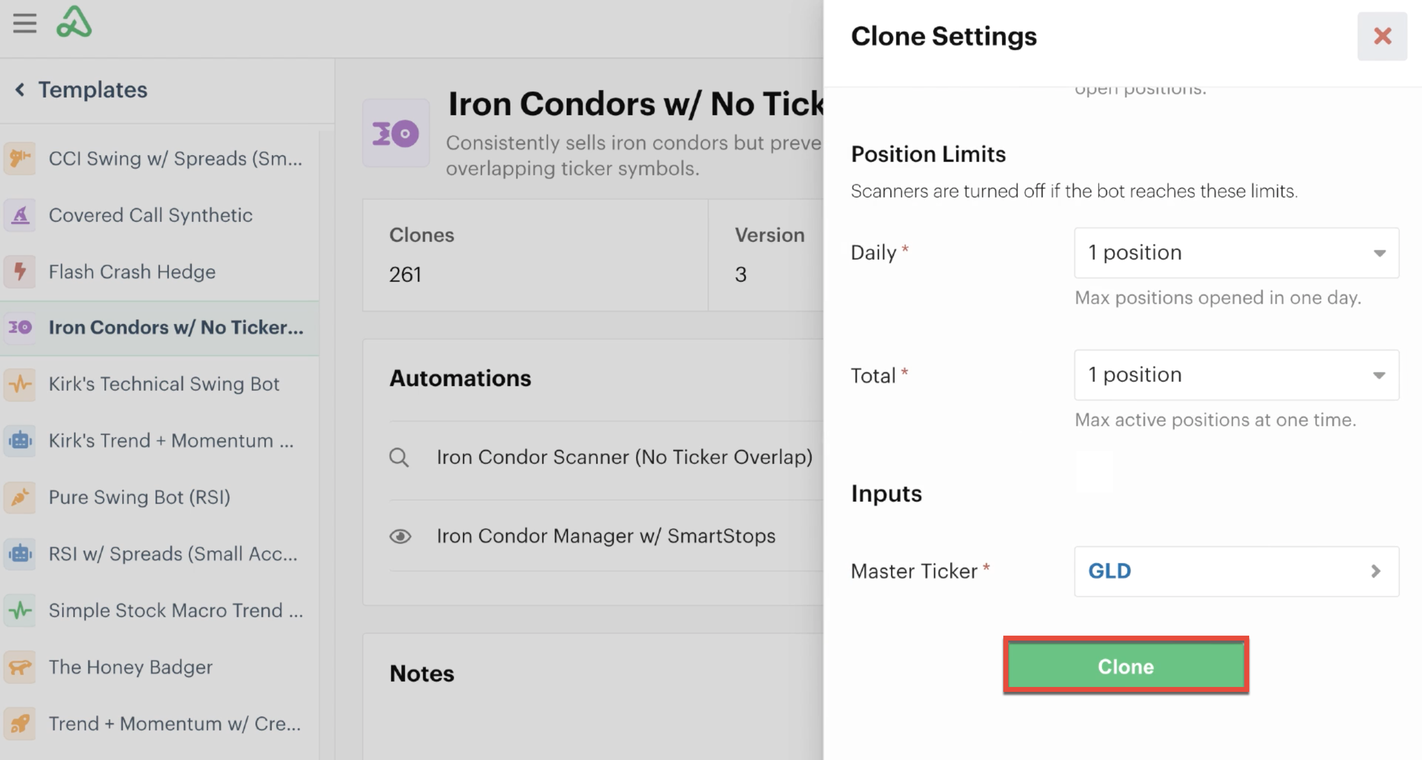 Clone settings