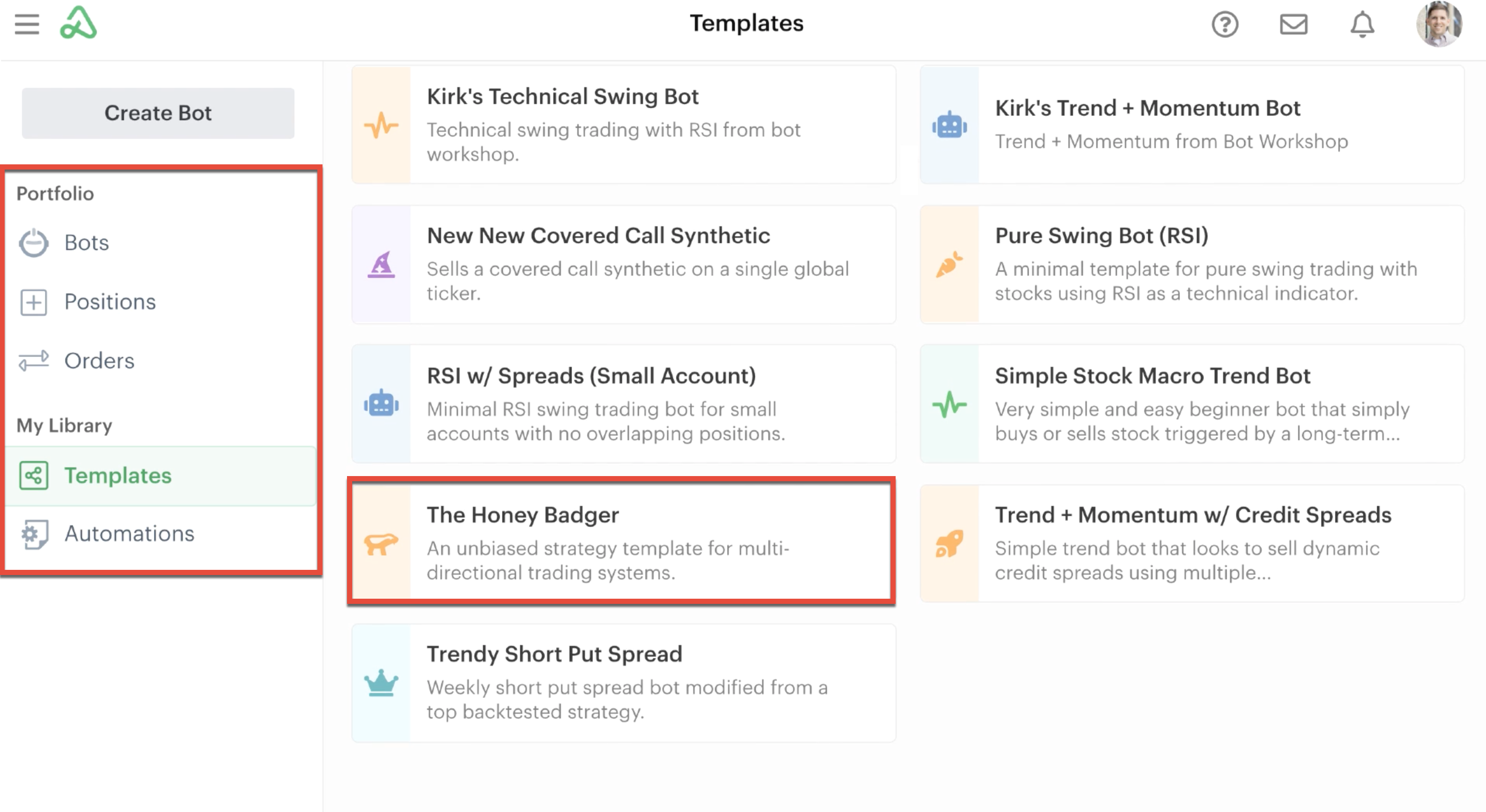 Template library, bot dashboard
