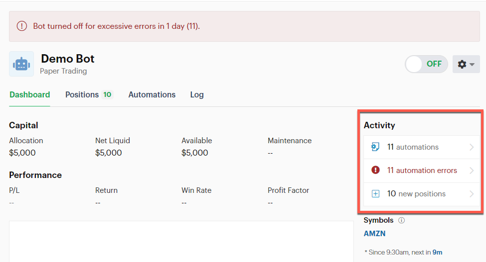 Screenshot highlighting the activity section with automation errors listed.