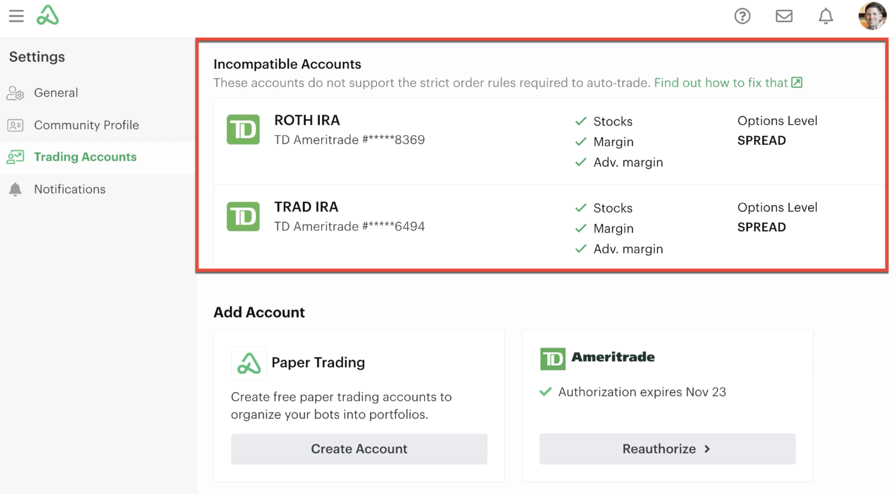 Incompatible accounts