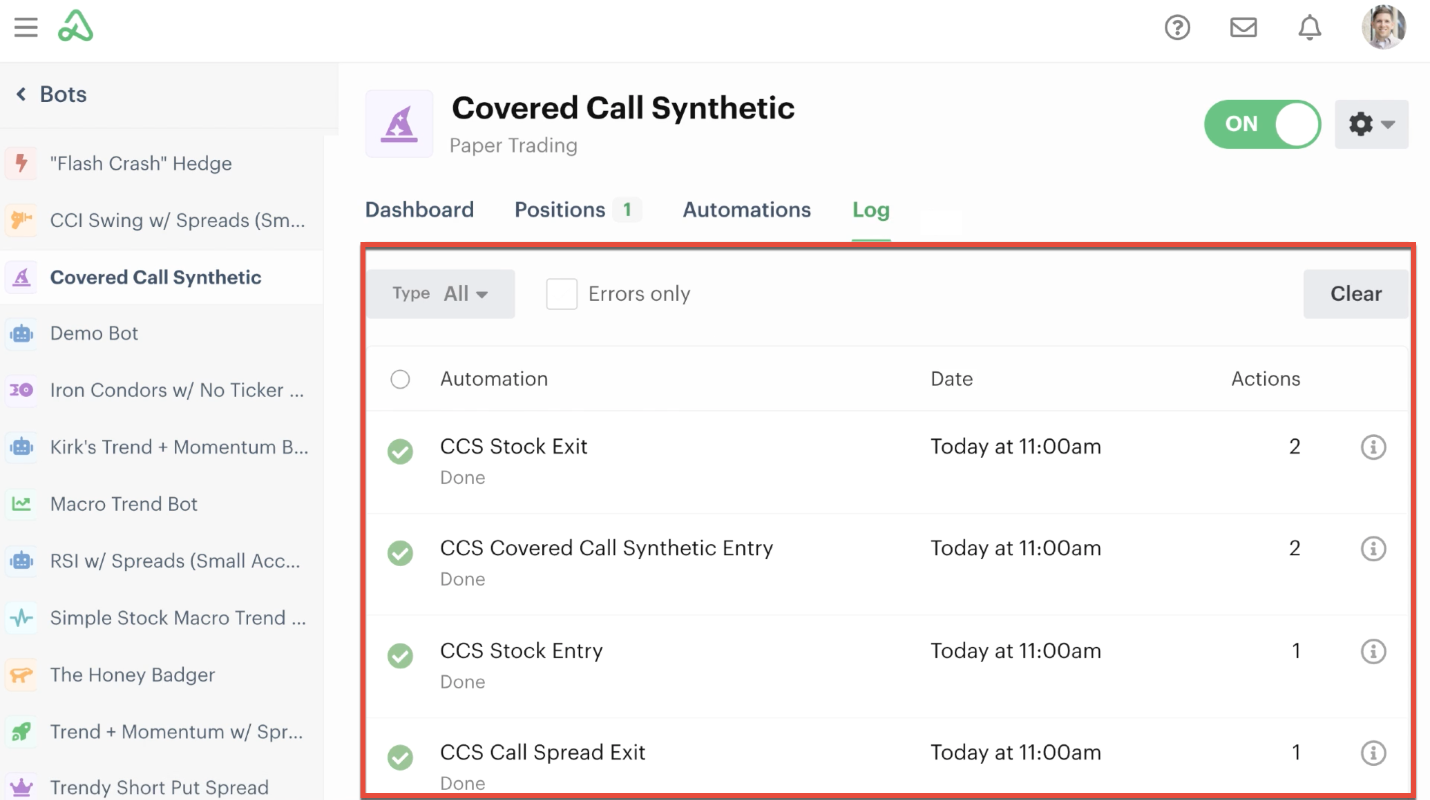 Automations in the bot log