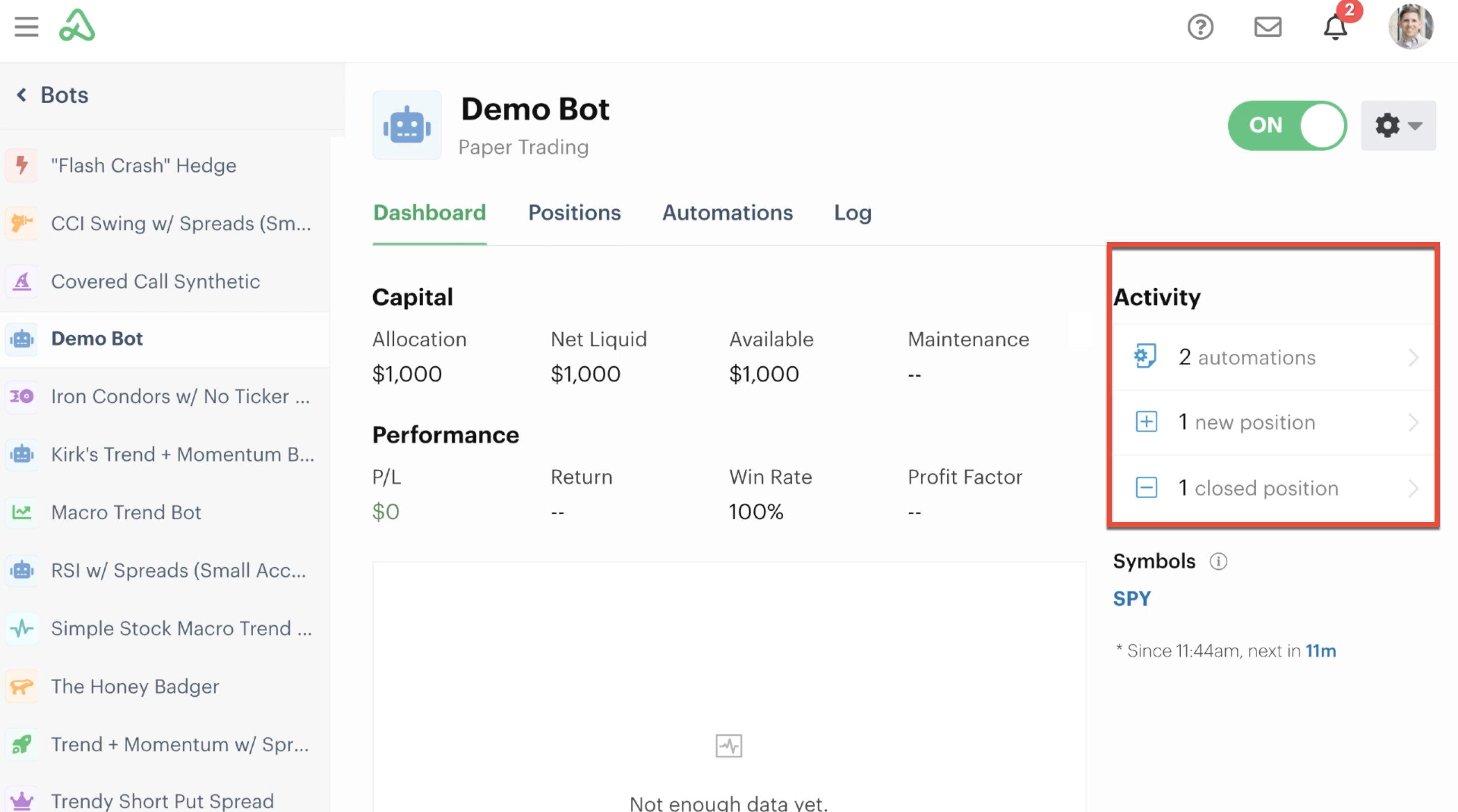 Bot dashboard activity