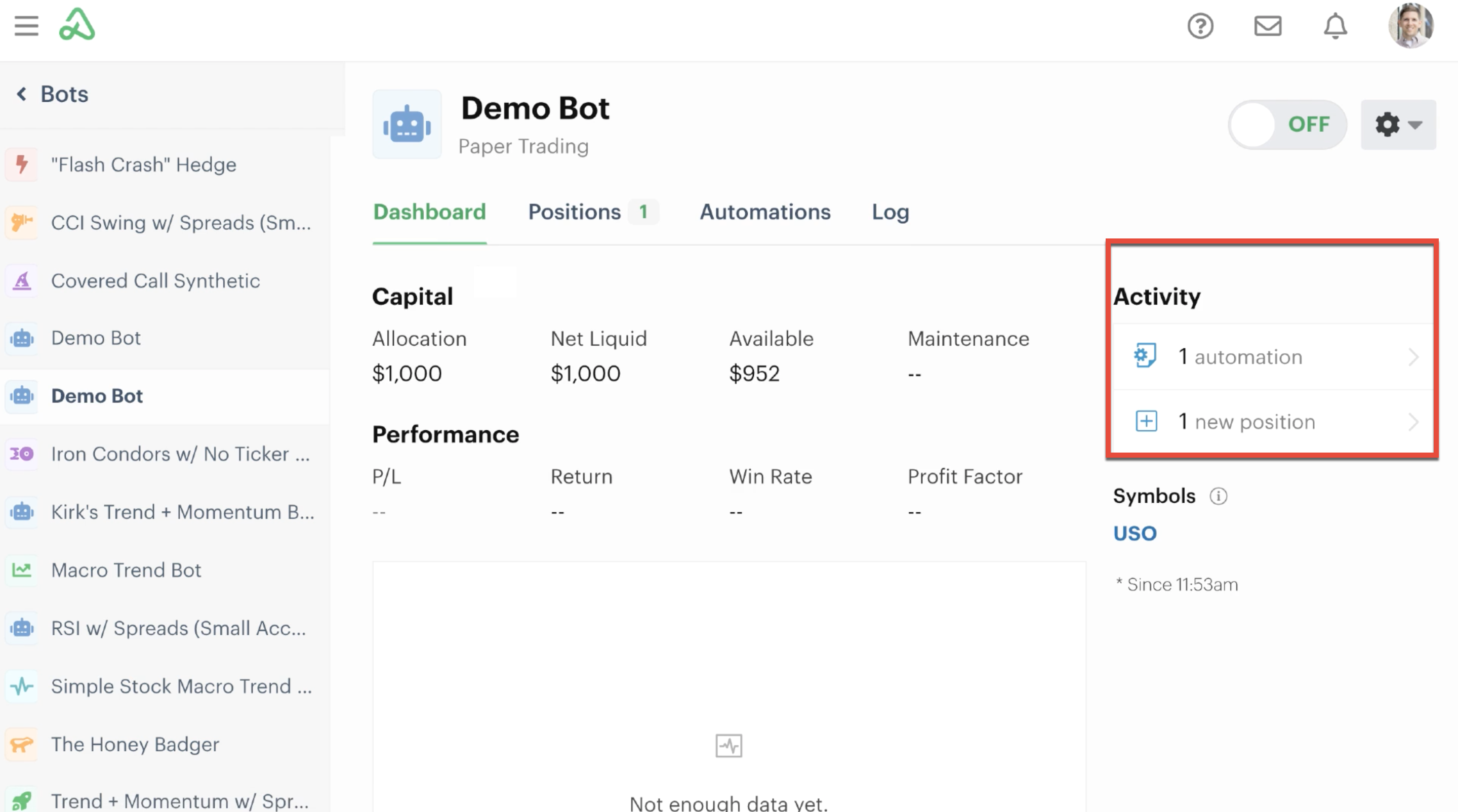 Dashboard activity