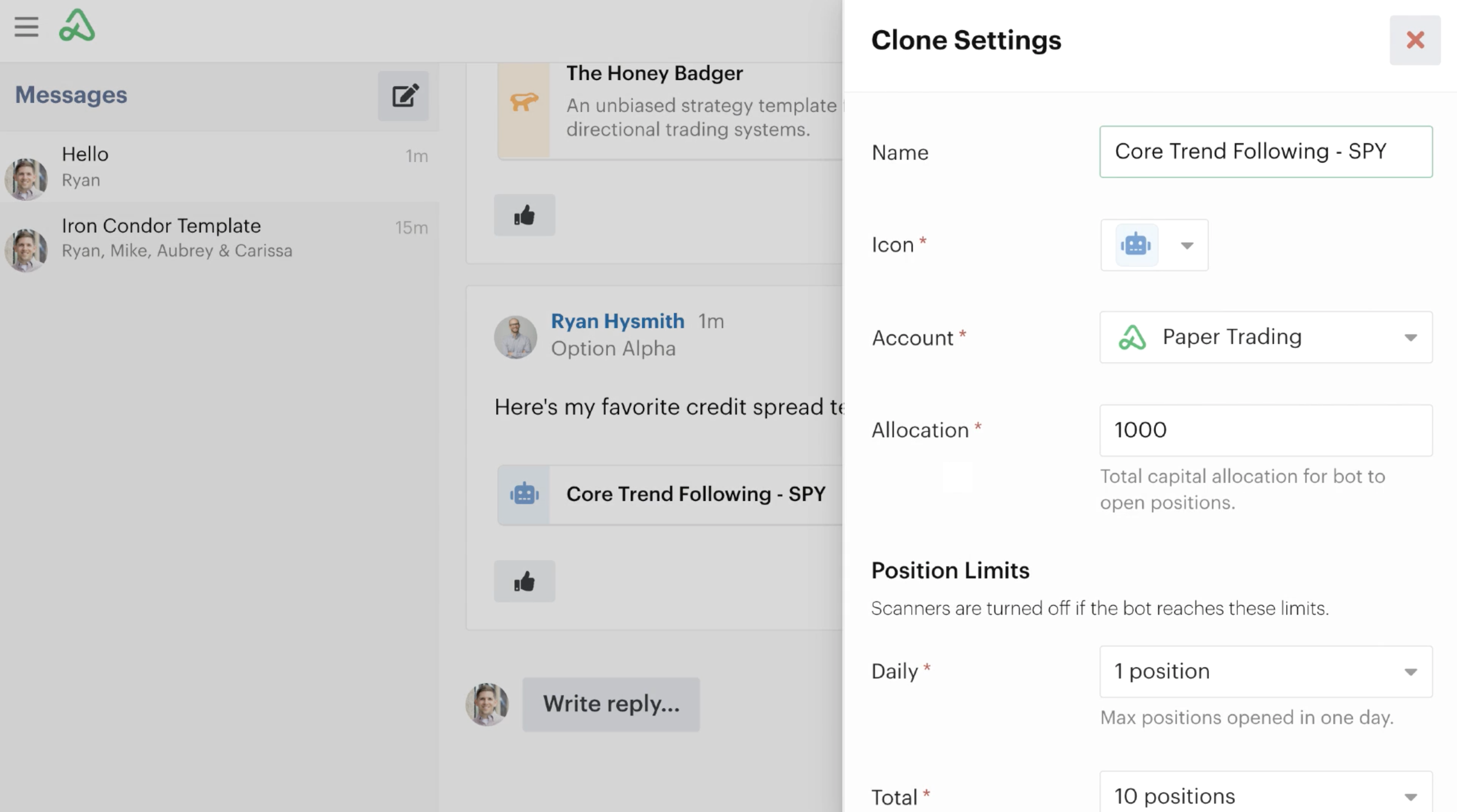 Cloned bot settings