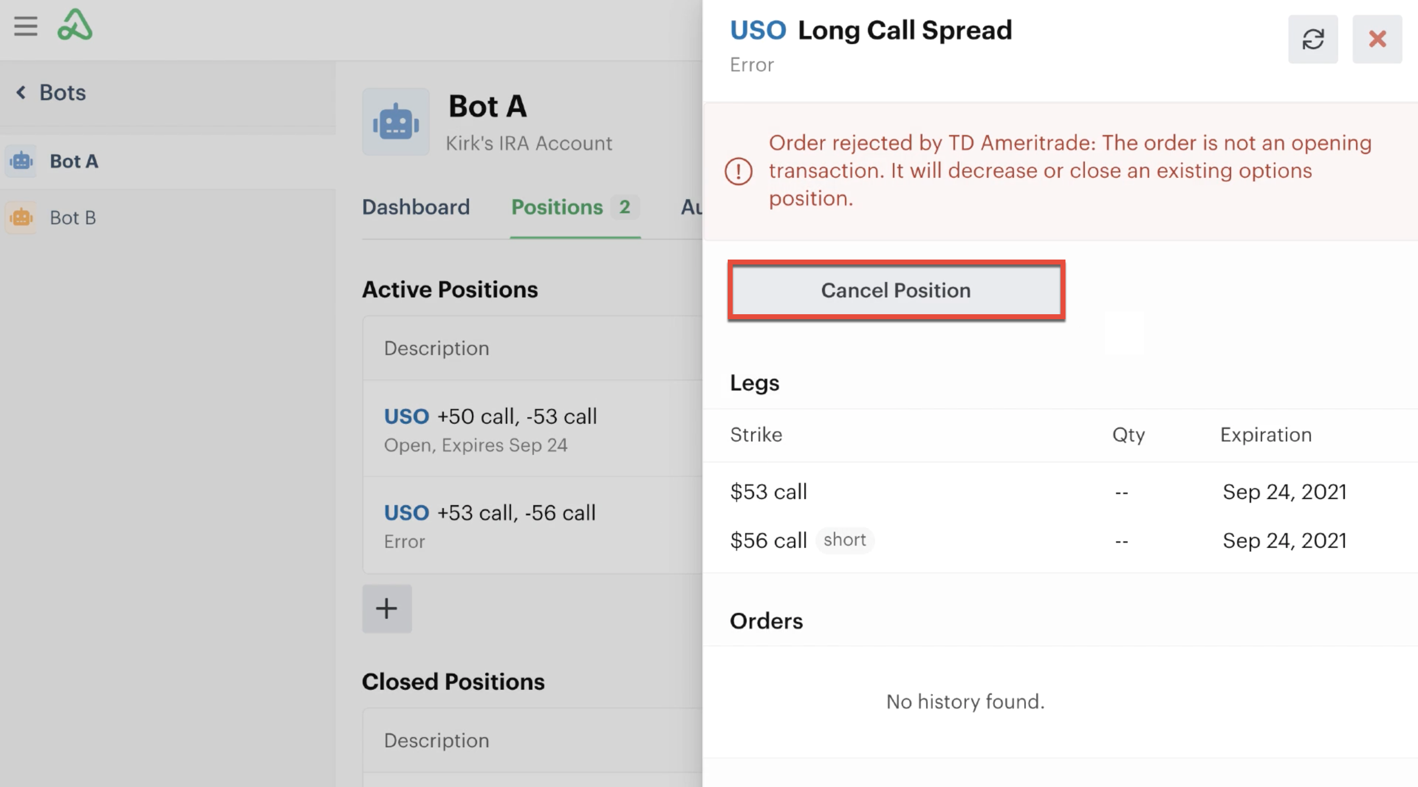 Cancel position