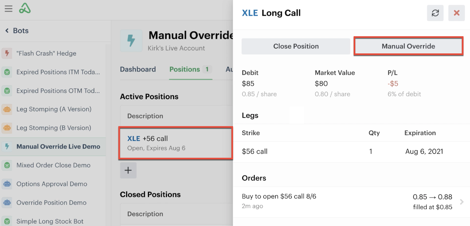 Screenshot of manual override button