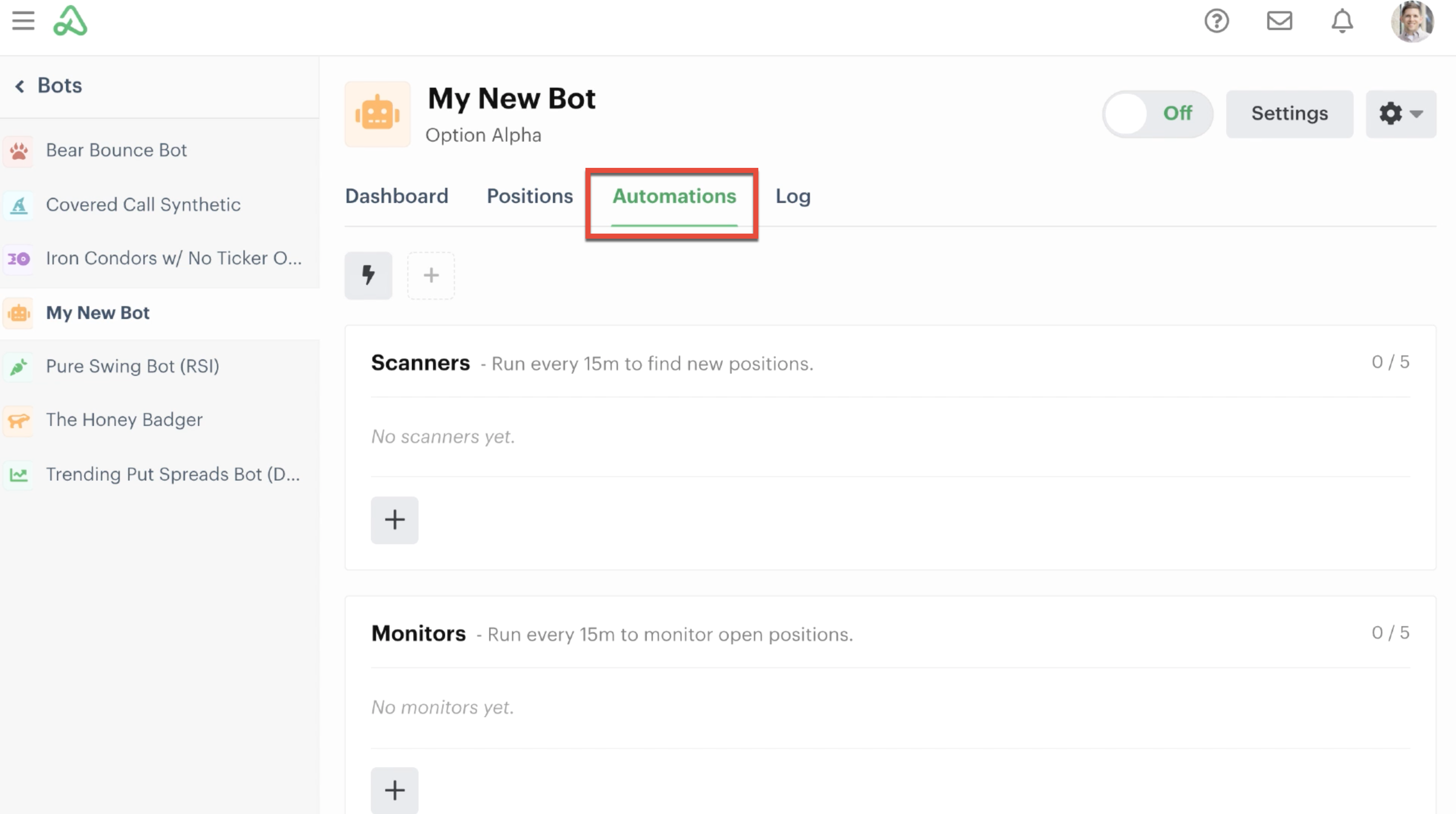 Bot dashboard highlighting the automations tab