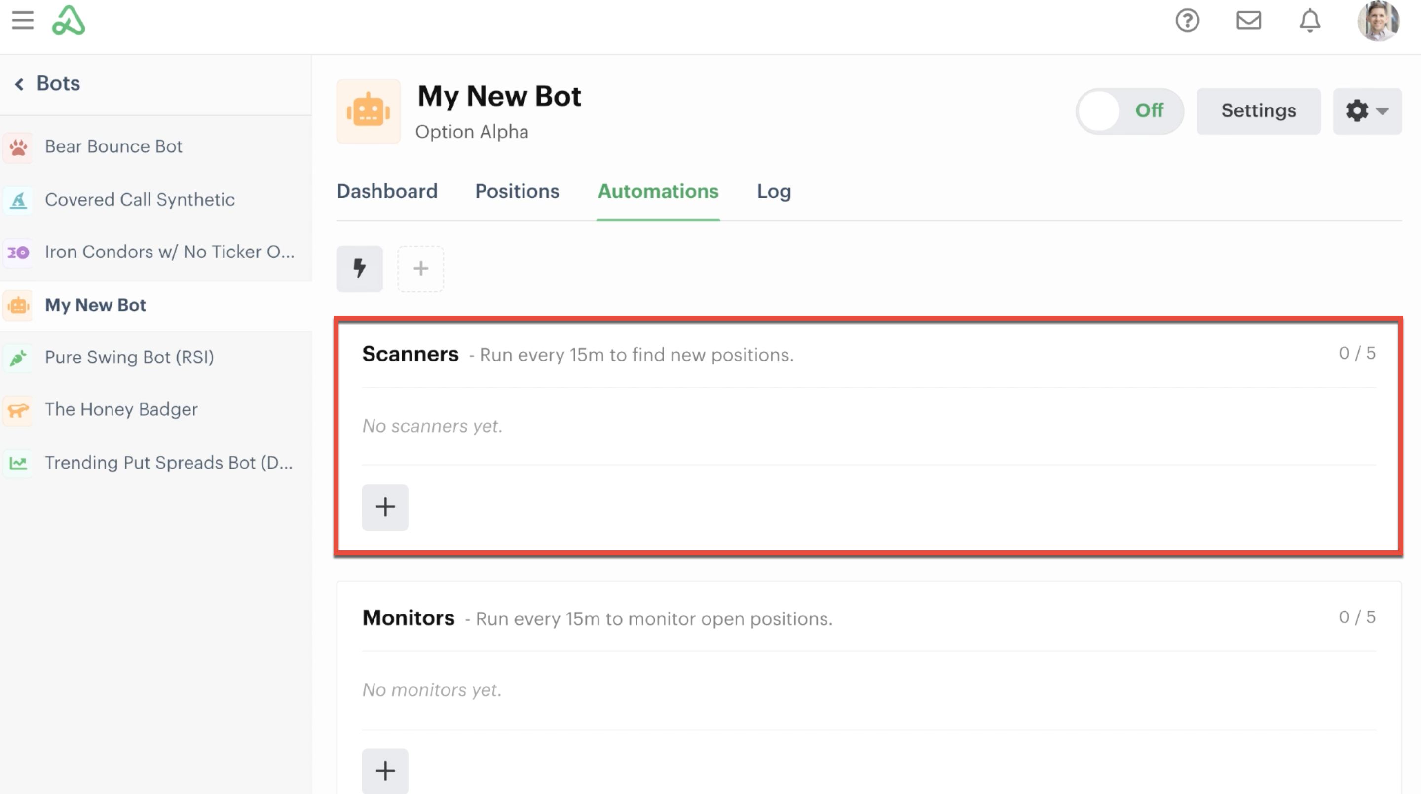 Scanner automations highlighted in Automations tab