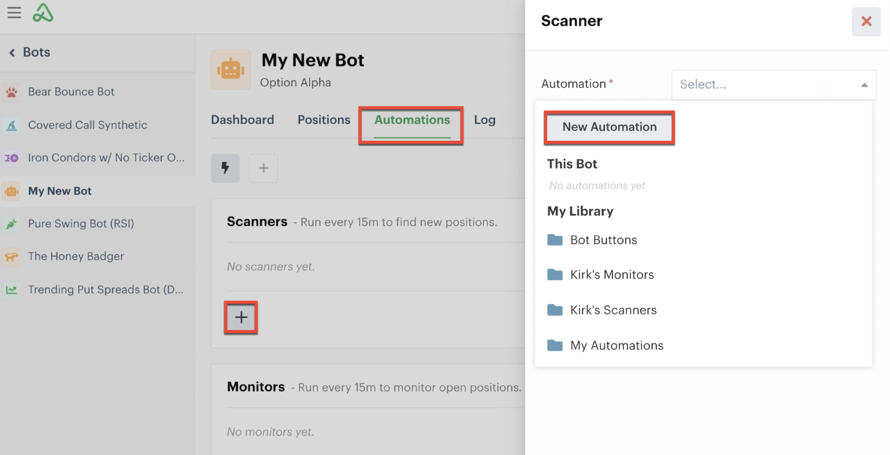 Adding a new automation from the automations tab
